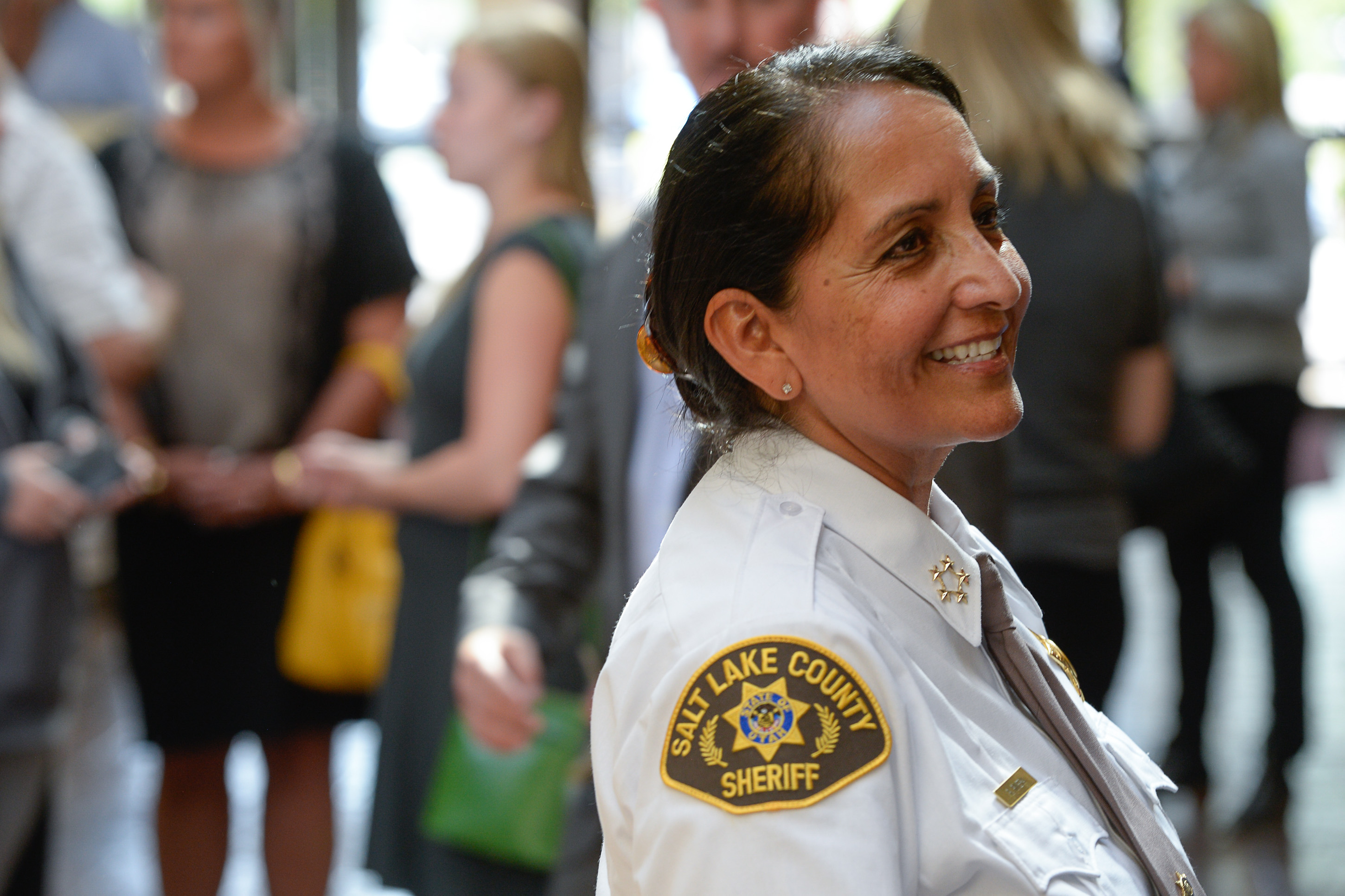 (Francisco Kjolseth | The Salt Lake Tribune) Newly appointed Salt Lake County Sheriff Rosie Rivera is congratulated following her swearing in ceremony at Salt Lake County Chambers on Tuesday, Aug. 15, 2017. Rivera becomes the county's first female sheriff and the only woman overseeing a sheriff's office in Utah.