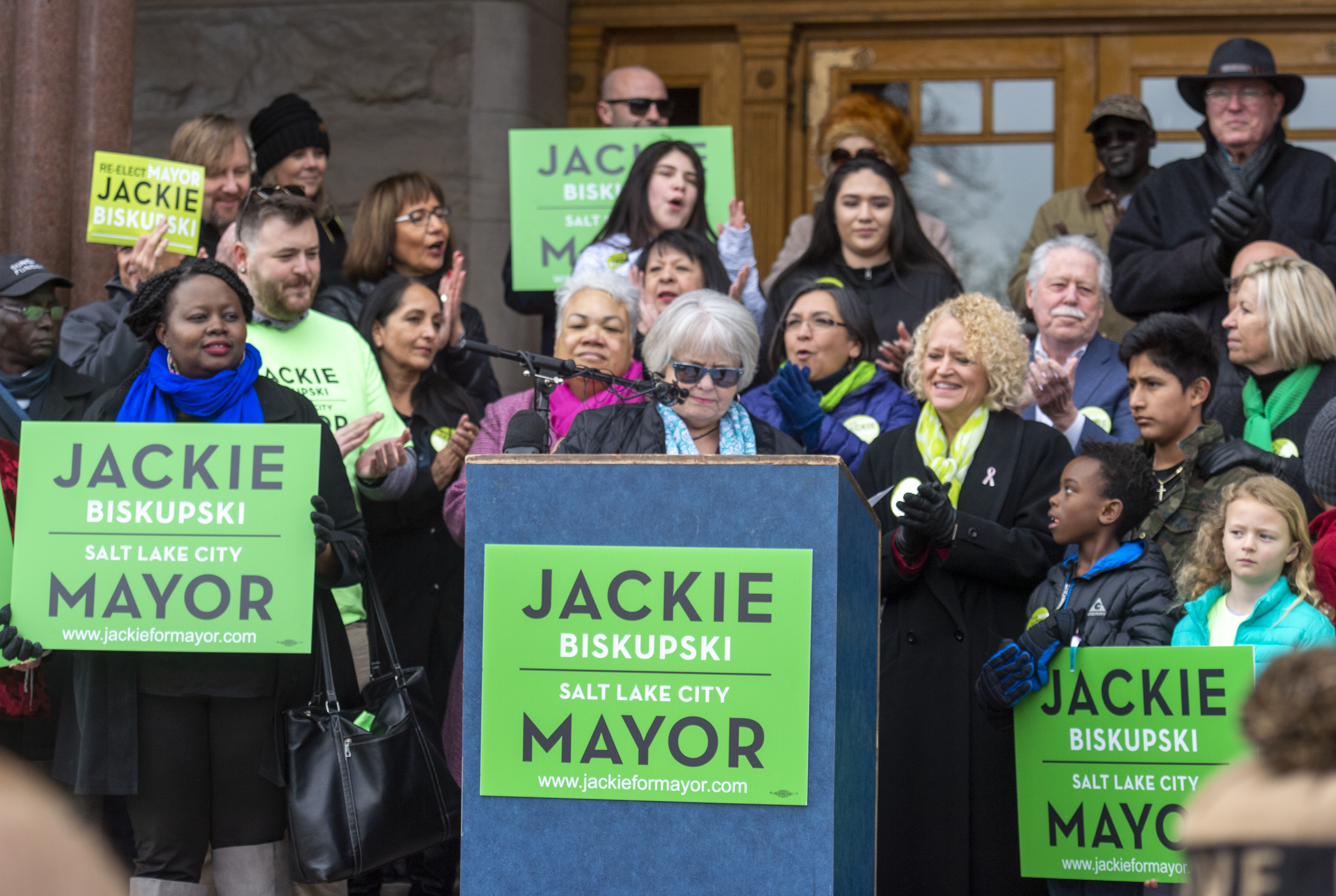 (Rick Egan | The Salt Lake Tribune) Supporters gather on the east steps of the City Building, as Carol Gnade gives her support for Salt Lake City Mayor Jackie Biskupski as she launches her re-election campaign as she seeks a second term. Saturday, Feb. 9, 2019. 