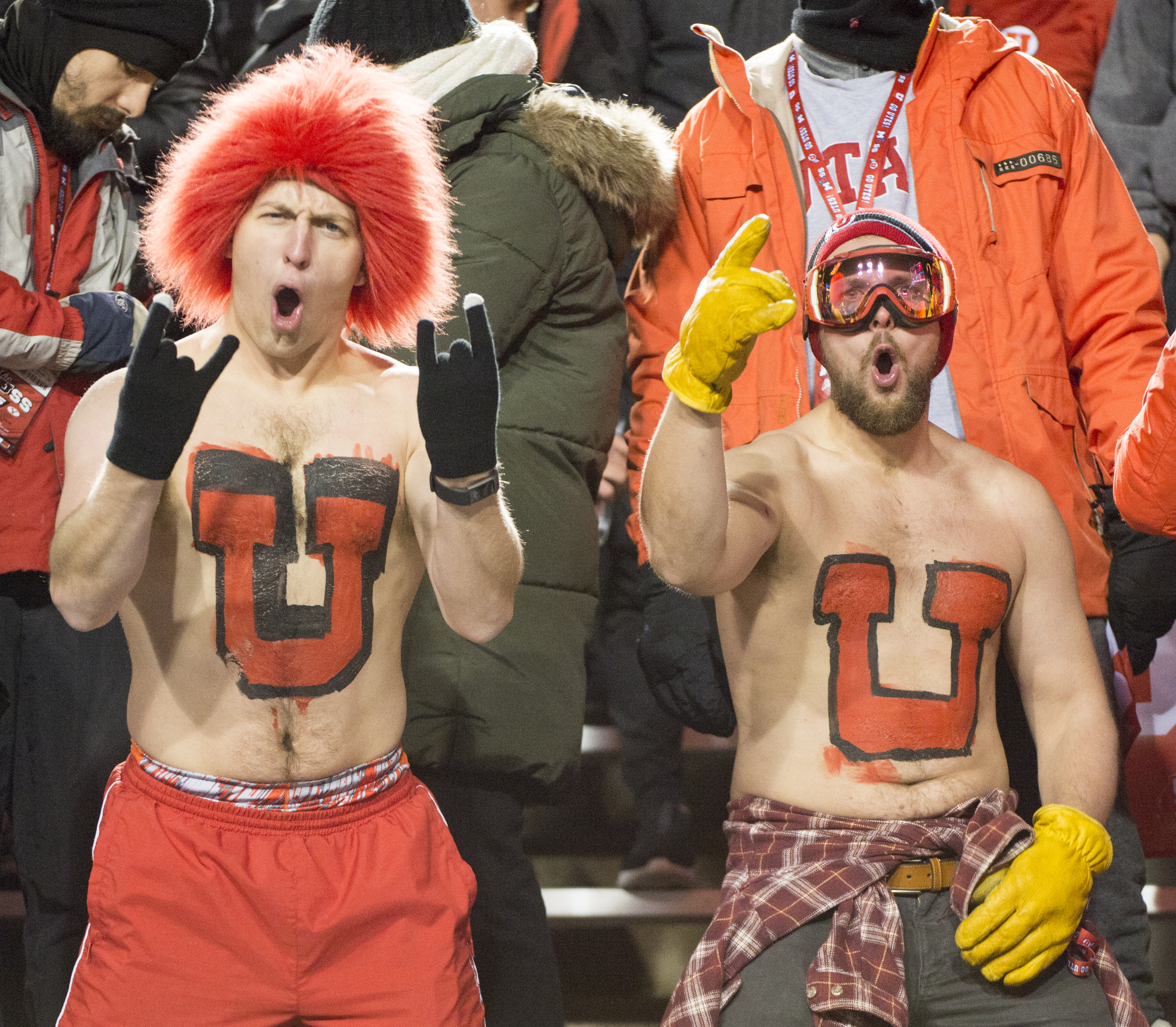 (Rick Egan | The Salt Lake Tribune) Jake Healey and Erik Urses cheer for the Utes, in football action between the Brigham Young Cougars and the Utah Utes, at Rice-Eccles Stadium, Saturday, November 24, 2018. 