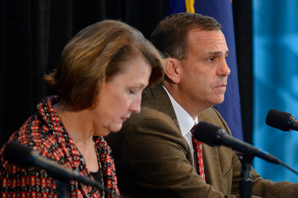 (Trent Nelson | The Salt Lake Tribune) University of Utah President Ruth Watkins, left, and Athletic Director Mark Harlan at a press conference regarding the killing of University of Utah student athlete Lauren McCluskey, in Salt Lake City, Thursday Oct. 25, 2018.