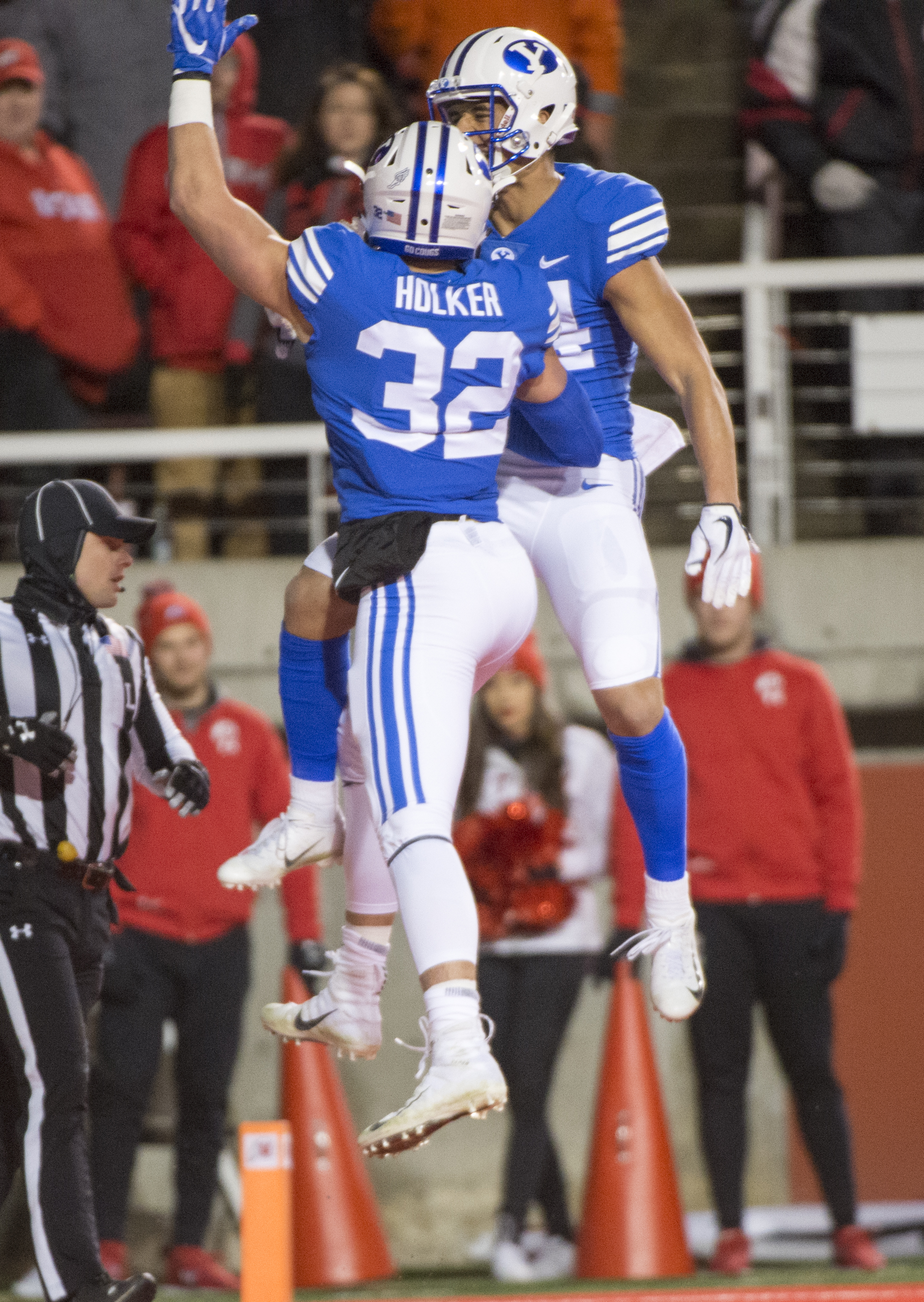 (Rick Egan | The Salt Lake Tribune) Brigham Young Cougars wide receiver Neil Pau'u (84) celebrates his touchdown with Cougar tight end Dallin Holker, in football action between the Brigham Young Cougars and the Utah Utes, at Rice-Eccles Stadium, Saturday, November 24, 2018. 
