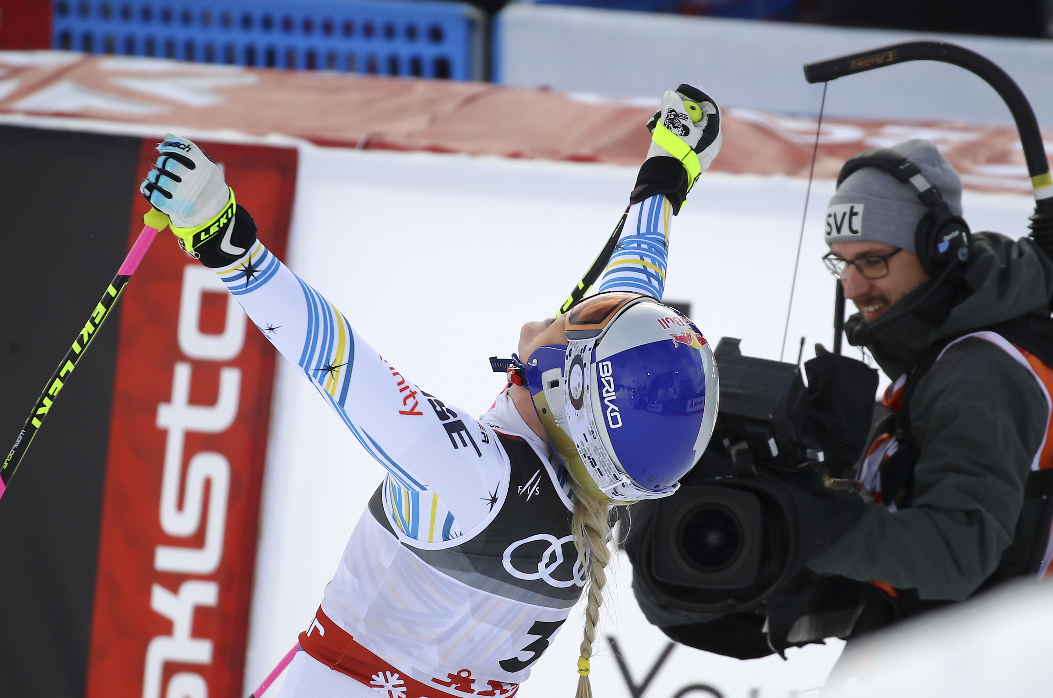 United States' Lindsey Vonn reacts in the finish area after the women's downhill race, at the alpine ski World Championships in Are, Sweden, Sunday, Feb. 10, 2019. (AP Photo/Marco Trovati)