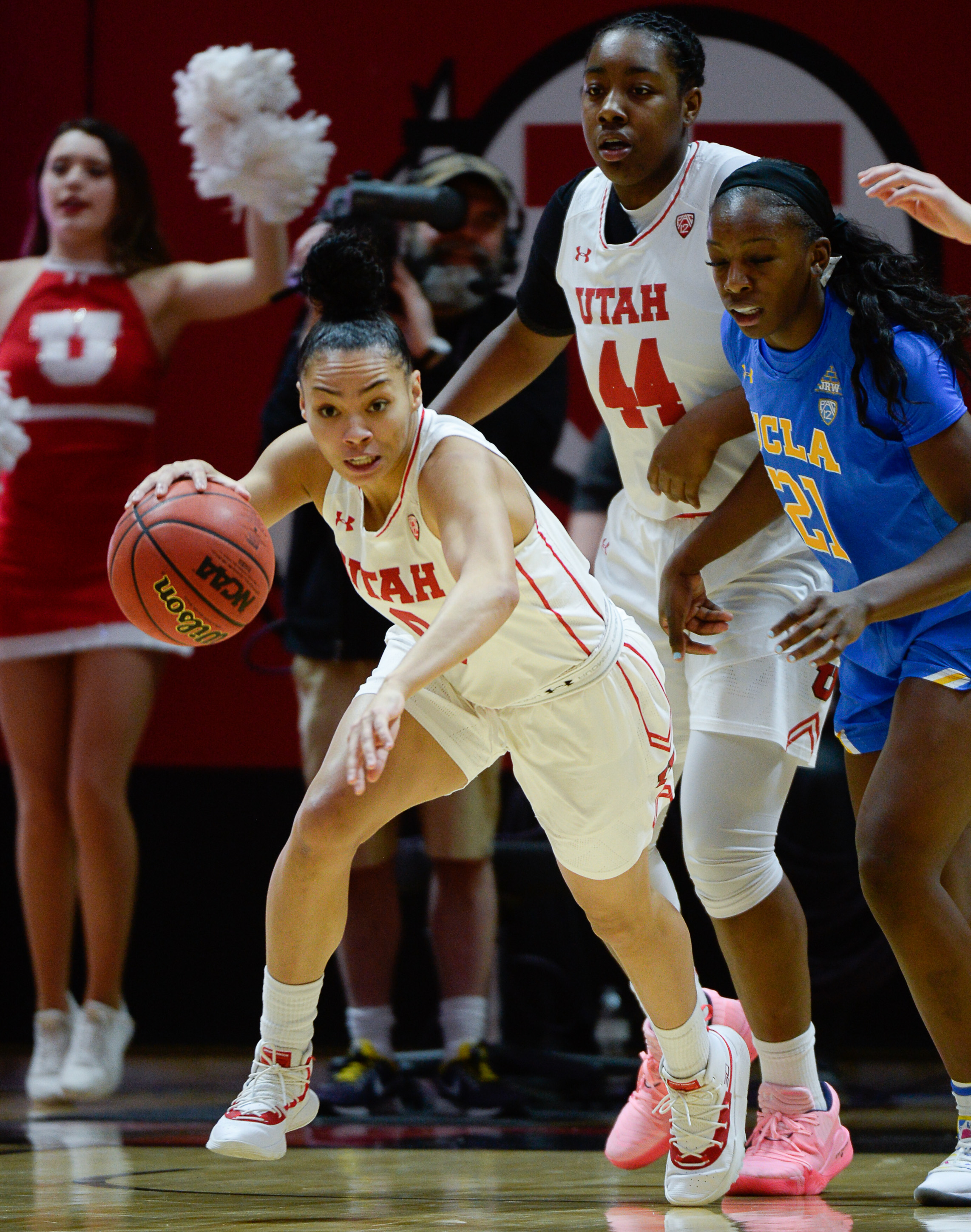 (Francisco Kjolseth | The Salt Lake Tribune) Utah Utes guard Kiana Moore (0) takes off down court against UCLA at the Jon M. Huntsman Center in Salt Lake City on Sunday, Feb. 10, 2019.