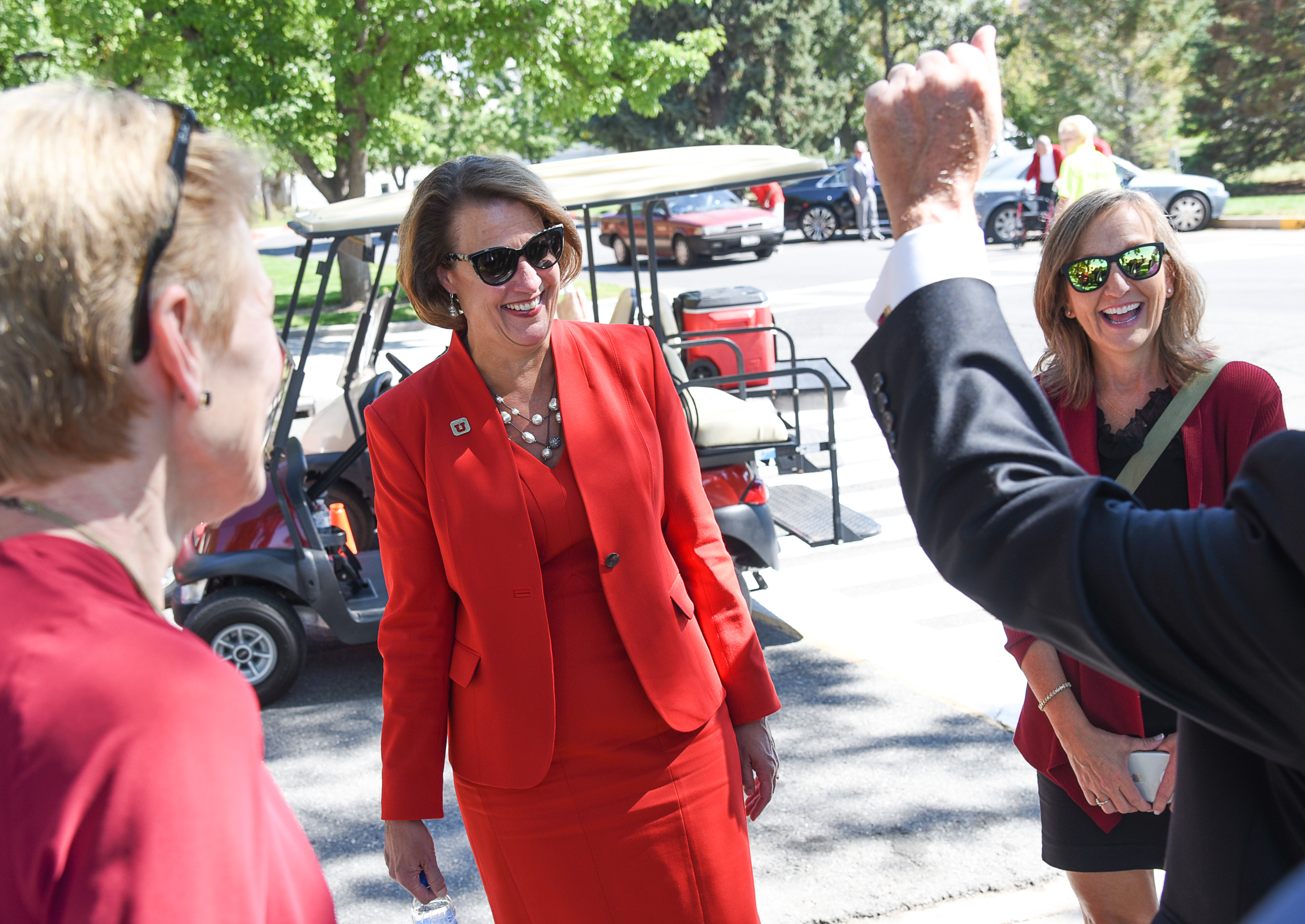 (Francisco Kjolseth | The Salt Lake Tribune) Ruth Watkins is greeted by friends from the midwest as they cheer her on before her inauguration as the University of Utah's 16th president, and first female, at Kingsbury Hall on Friday, Sept. 21, 2018.