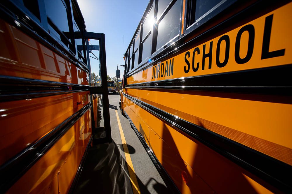 (Trent Nelson | The Salt Lake Tribune) Thirty-six new CNG school buses have been added to the Jordan School District fleet this year, bringing the total to 105, the largest fleet of CNG school buses in Utah. Wednesday Sept. 12, 2018.