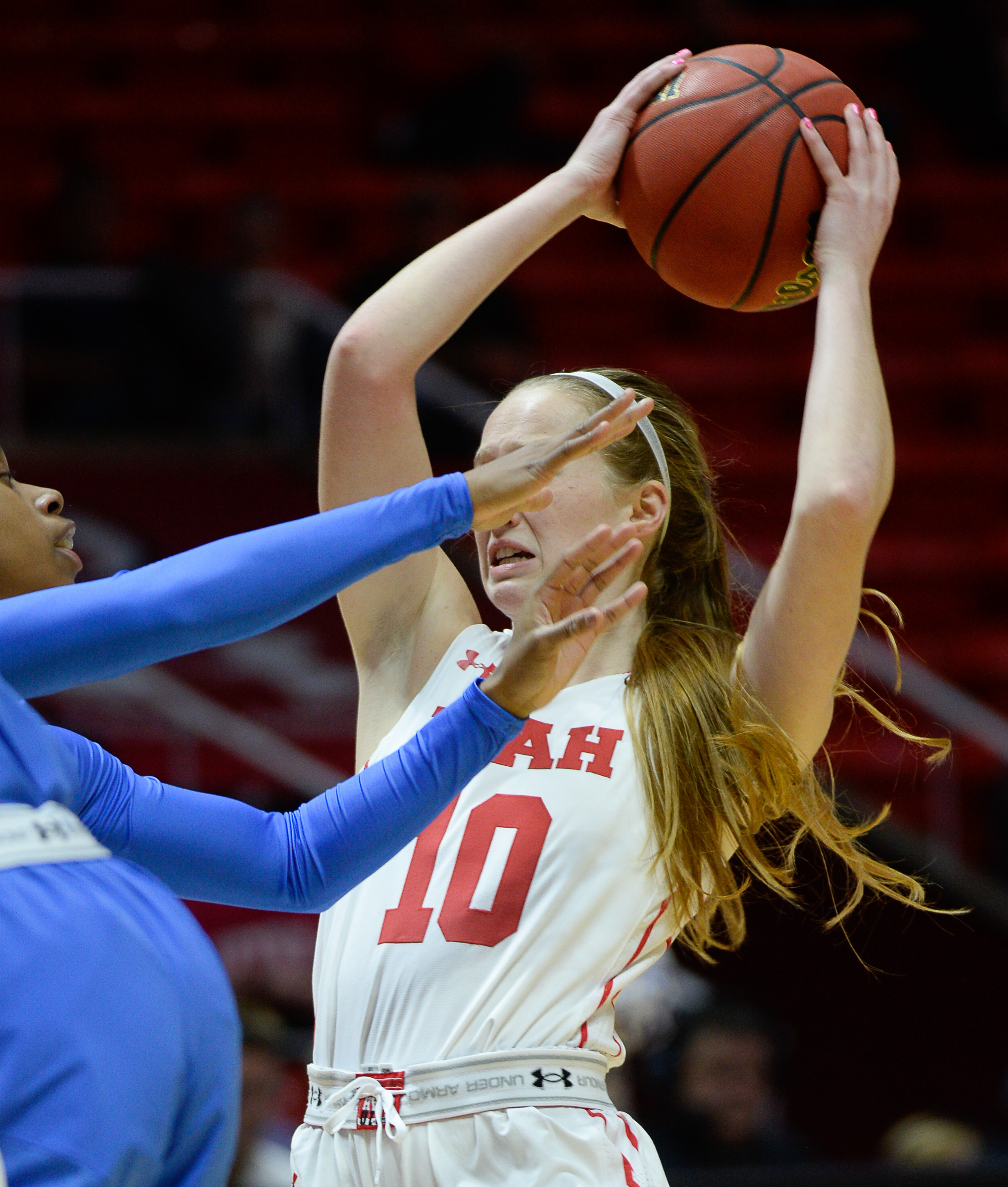 (Francisco Kjolseth | The Salt Lake Tribune) Utah Utes guard Dru Gylten (10) is pressured by the UCLA defense at the Jon M. Huntsman Center in Salt Lake City on Sunday, Feb. 10, 2019.