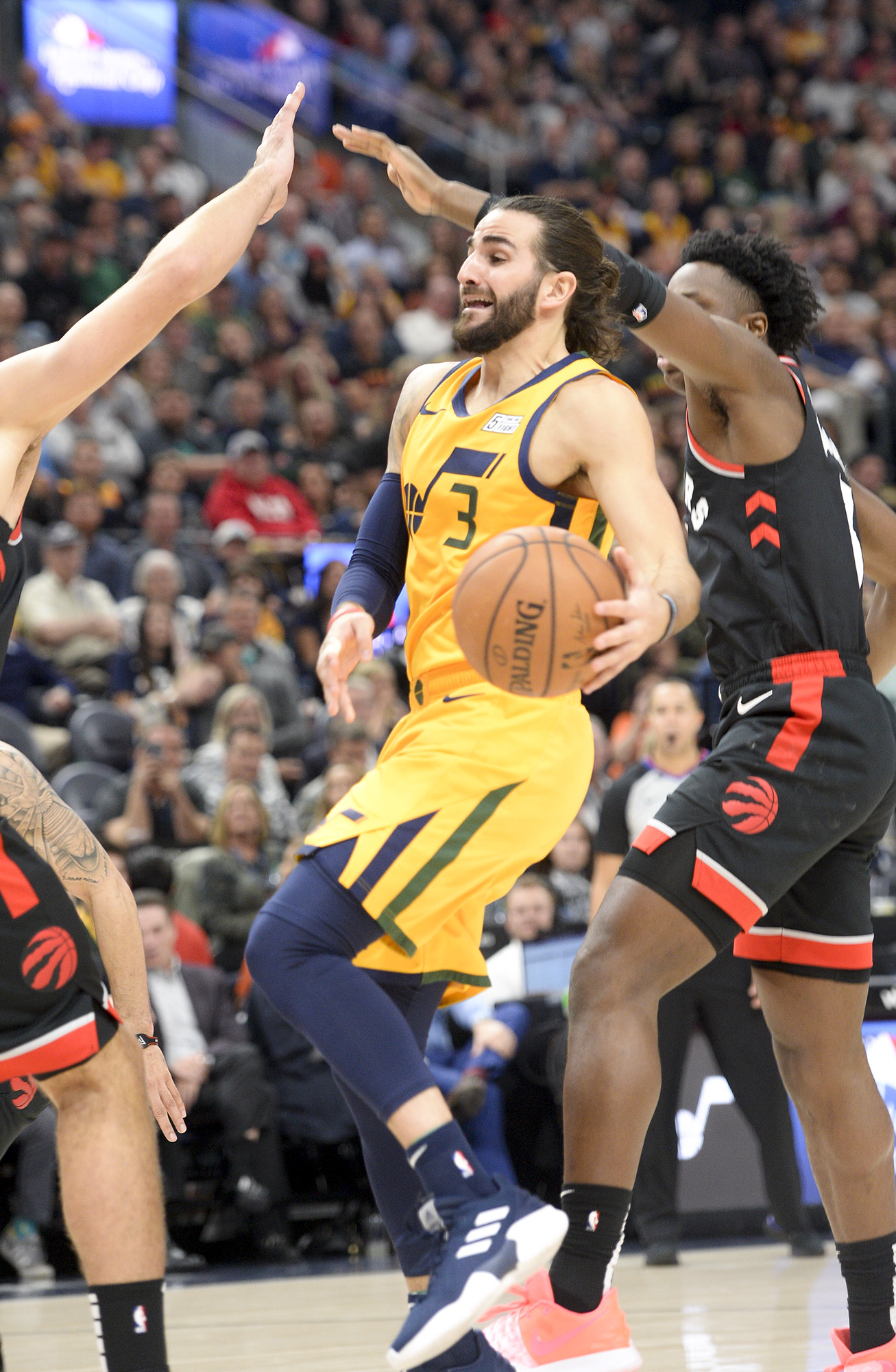 Leah Hogsten | The Salt Lake Tribune Utah Jazz guard Ricky Rubio (3) looks for the pass as the Utah Jazz host the Toronto Raptors, Monday, Nov. 5, 2018 at Vivant Smart Home Arena.