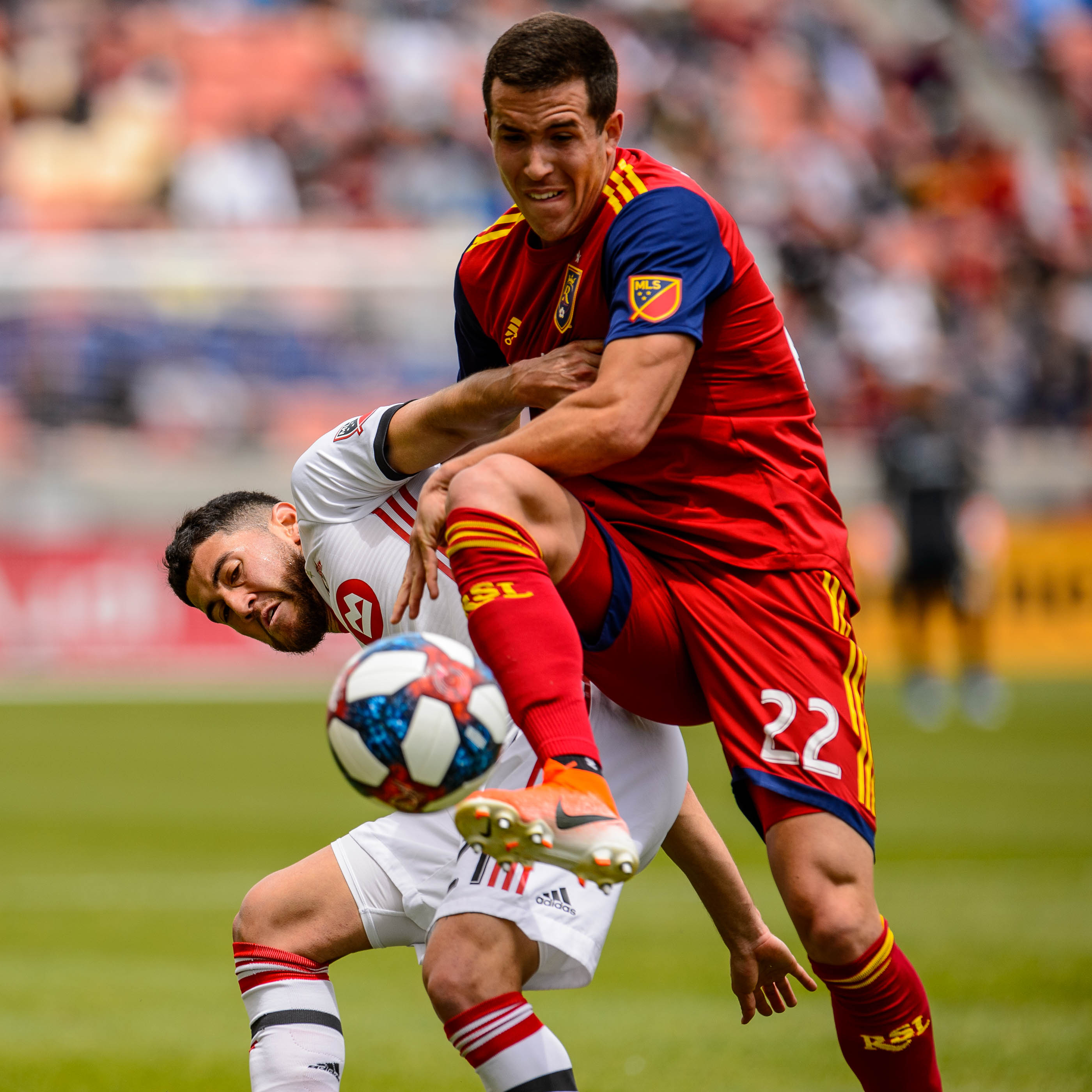 (Trent Nelson | The Salt Lake Tribune) Real Salt Lake defender Aaron Herrera (22) and Toronto FC midfielder Jonathan Osorio (21) as Real Salt Lake hosts Toronto FC, MLS Soccer at Rio Tinto Stadium in Sandy on Saturday May 18, 2019.