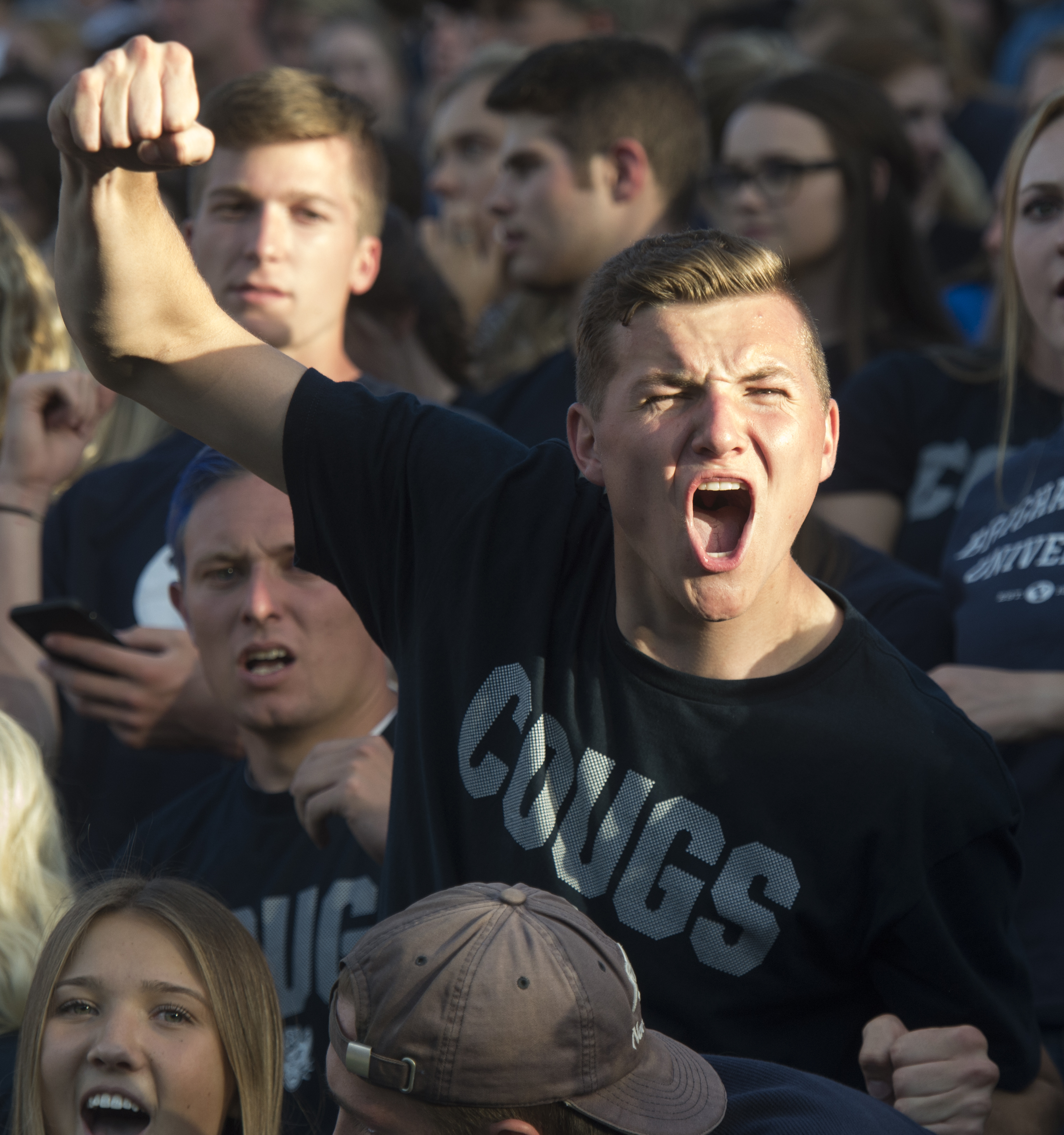 (Rick Egan | The Salt Lake Tribune) Jarod Ivins of Murray Utah, cheers for the Cougars, in football action between Brigham Young Cougars and McNeese State Cowboys, at Lavell Edwards Stadium, Saturday, Sept. 22, 2018. 