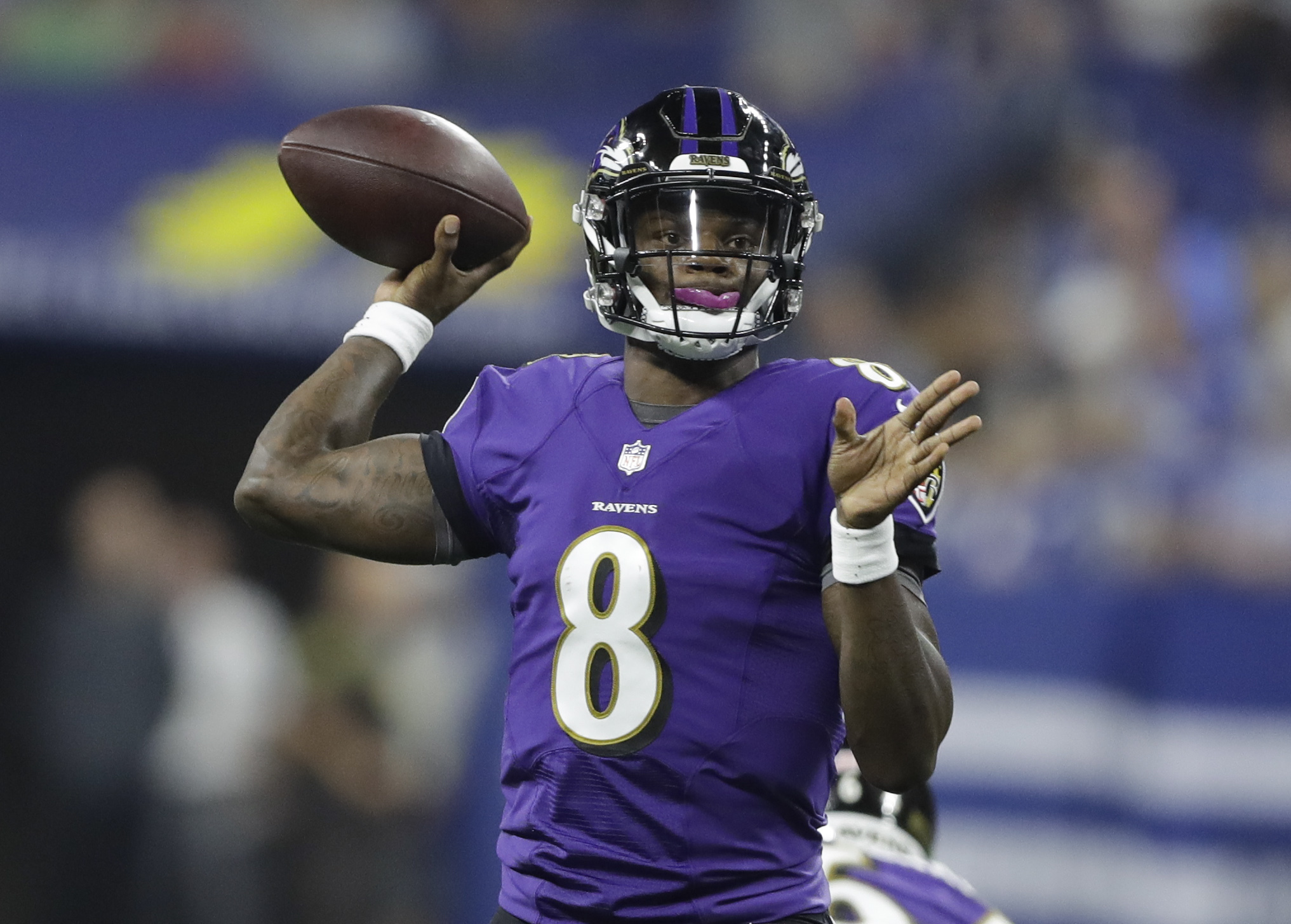 Baltimore Ravens quarterback Lamar Jackson (8) throws against the Indianapolis Colts in the first half of an NFL preseason football game in Indianapolis, Monday, Aug. 20, 2018. (AP Photo/Darron Cummings)