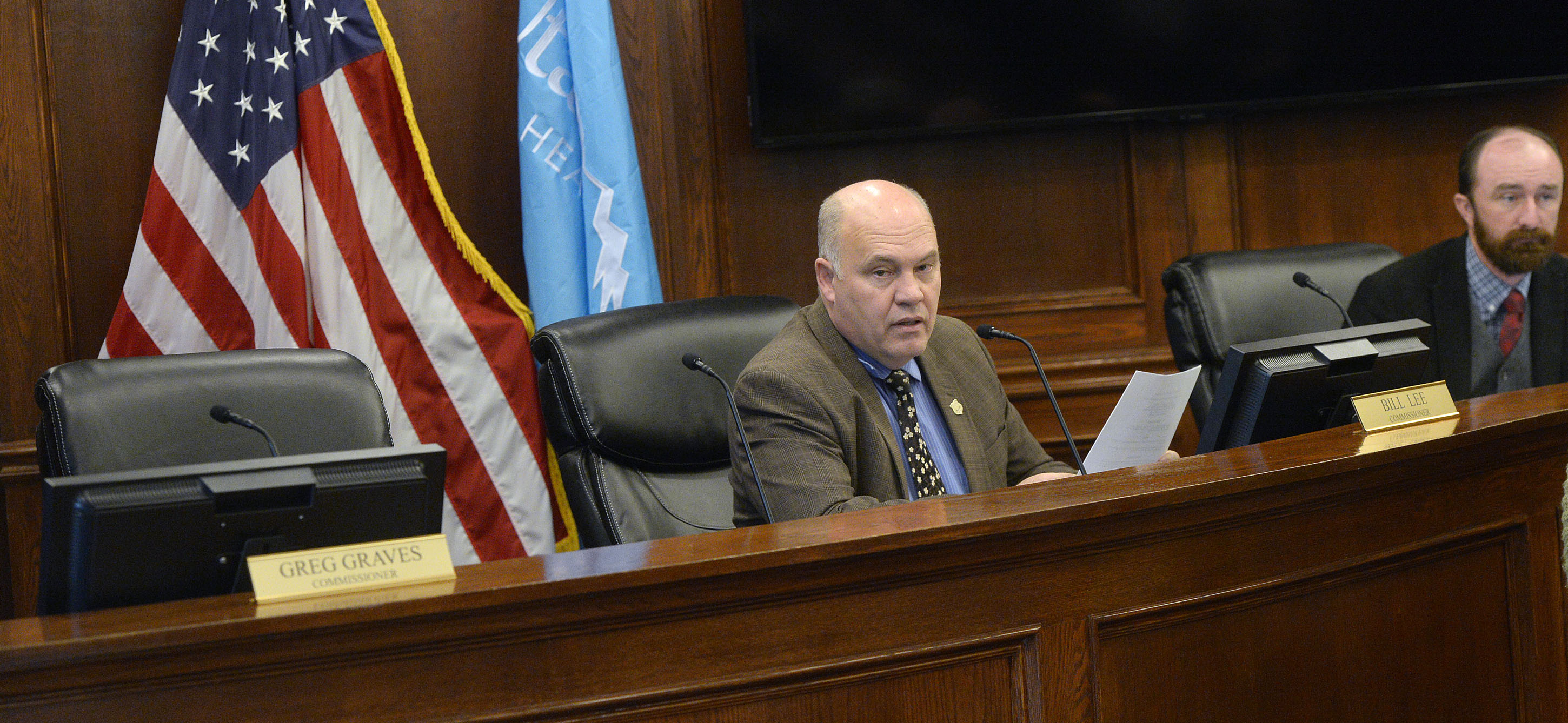 (Al Hartmann | The Salt Lake Tribune) Utah County Commissioner Bill Lee, center, and Commissioner Nathan Ivie hold a commission meeting Tuesday Dec. 12 in Provo.