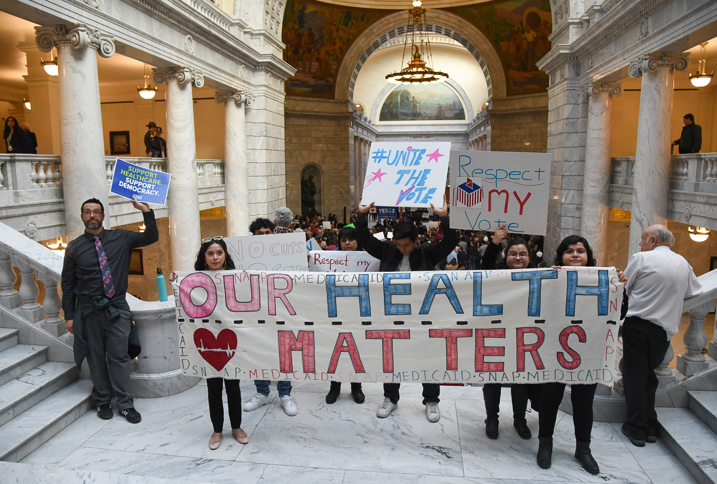 (Francisco Kjolseth | The Salt Lake Tribune) A group faces the House chambers at the Utah Capitolon Monday, Jan, 28, 2019, on the first day of the Legislative session to rally in support of protecting Proposition 3, the Medicaid Expansion law recently passed by voters.