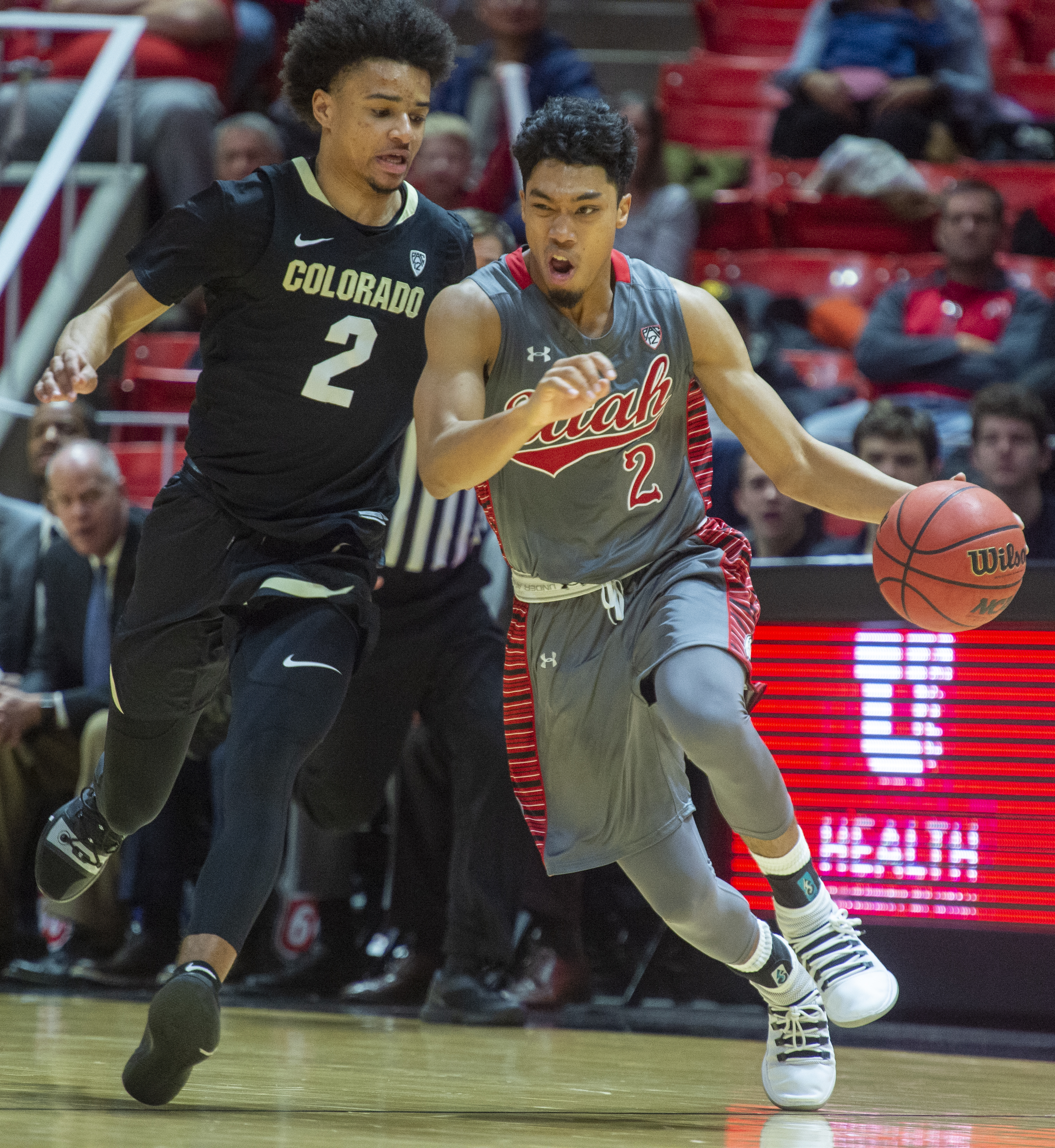 (Rick Egan | The Salt Lake Tribune) Utah Utes guard Sedrick Barefield (2) gets past Colorado Buffaloes guard Daylen Kountz (2), in PAC-12 basketball action between the Utah Utes and the Colorado Buffaloes at the Jon M. Huntsman Center, Sunday, Jan. 20, 2019. 