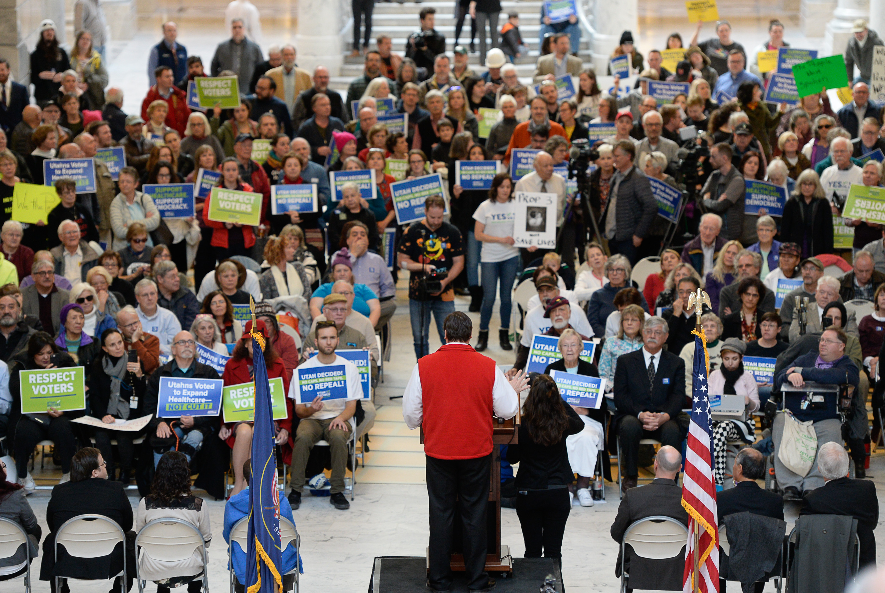 (Francisco Kjolseth | The Salt Lake Tribune) Over 300 demonstrators fill the Capitol rotunda on Monday, Jan, 28, 2019, on the first day of the Legislative session to rally in support of protecting Proposition 3, the Medicaid Expansion law recently passed by voters.