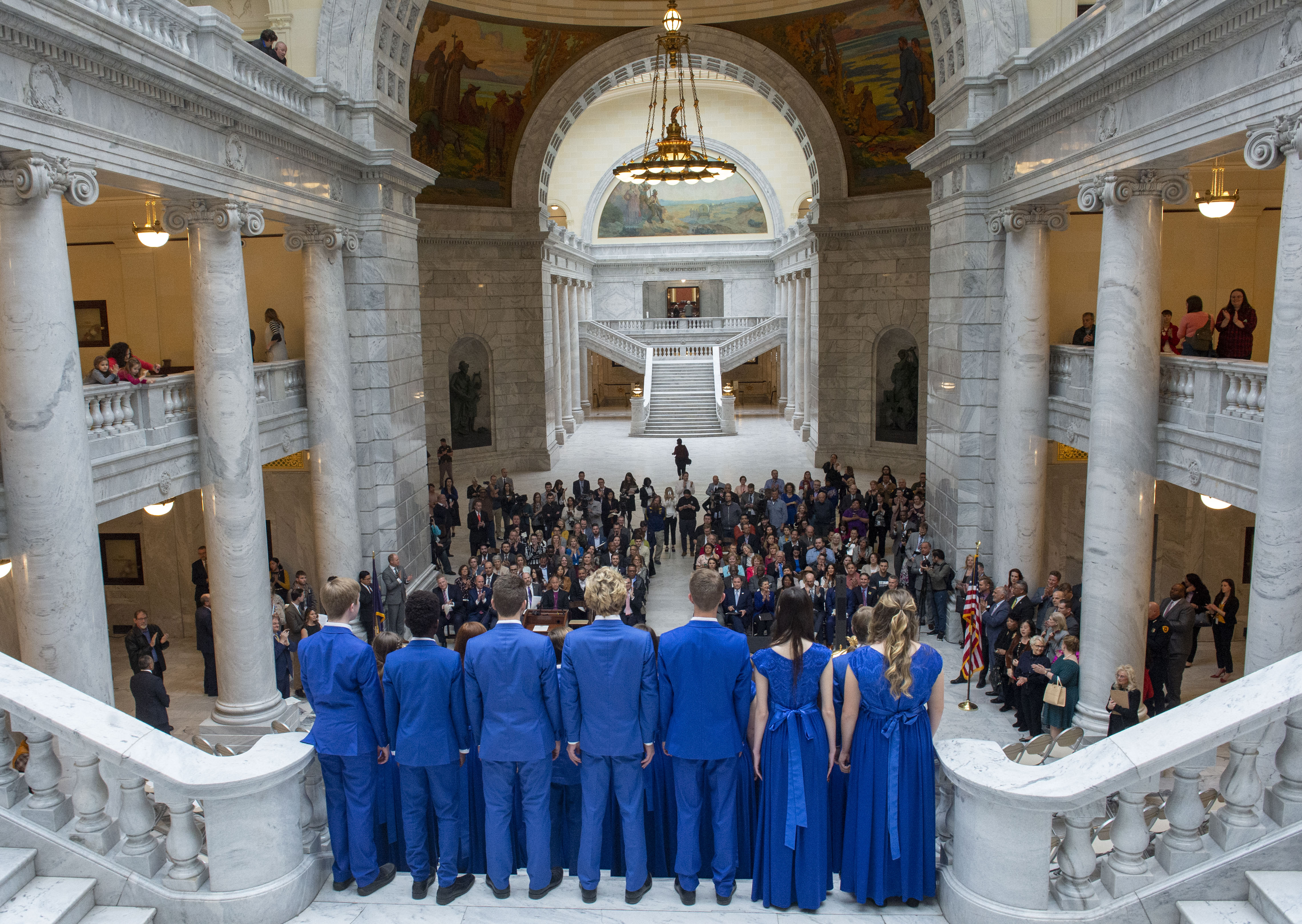 (Rick Egan | The Salt Lake Tribune) Surrounded by supporters, Gov. Gary R. Herbert signs into law the new hate crimes bill along with Senate President Stuart Adams, Sen. Daniel Thatcher, Rep. Lee Perry and Lt Gov. Spencer Cox, at the Utah State Capitol, Tuesday, April 2, 2019. 