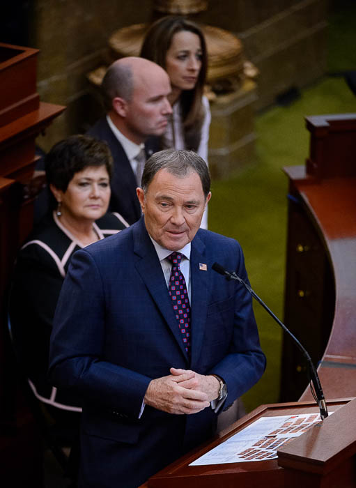 (Trent Nelson | The Salt Lake Tribune) Governor Gary Herbert delivers his State of the State address at the Utah Capitol in Salt Lake City on Wednesday Jan. 30, 2019. At rear are Jeanette Herbert, Lt. Gov. Spencer Cox, and Abby Cox.