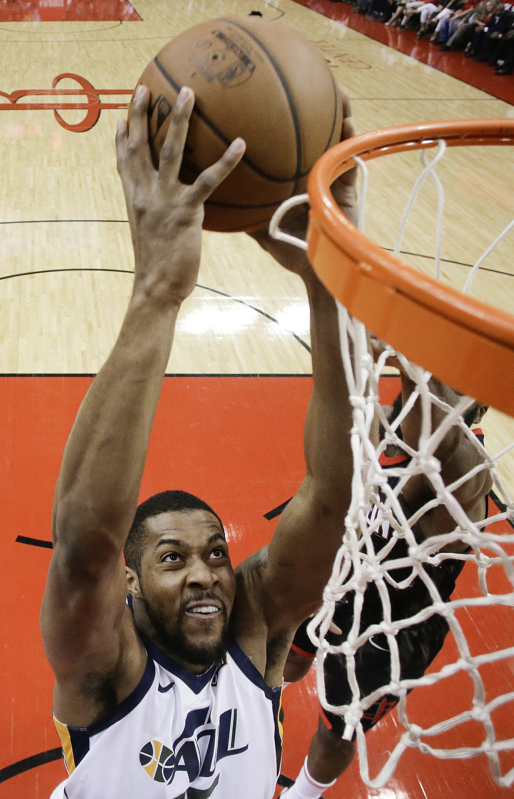 Utah Jazz forward Derrick Favors drives to the basket during the first half in Game 2 of an NBA basketball second-round playoff series against the Houston Rockets, Wednesday, May 2, 2018, in Houston. (AP Photo/Eric Christian Smith)