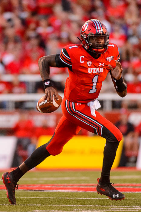 (Trent Nelson | The Salt Lake Tribune) Utah Utes quarterback Tyler Huntley (1) as the University of Utah Utes host the Weber State Wildcats, Thursday Aug. 30, 2018 at Rice-Eccles Stadium in Salt Lake City.