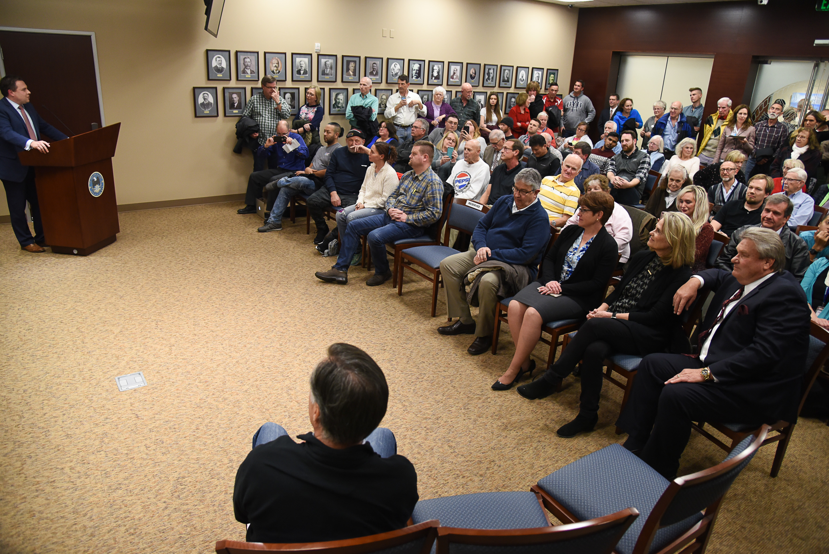 (Francisco Kjolseth | The Salt Lake Tribune) U.S. Senator Mitt Romney, foreground, is introduced arrives for his town hall meeting at the Davis County administration building, Tuesday, January 22, 2019, to hear from local residents.