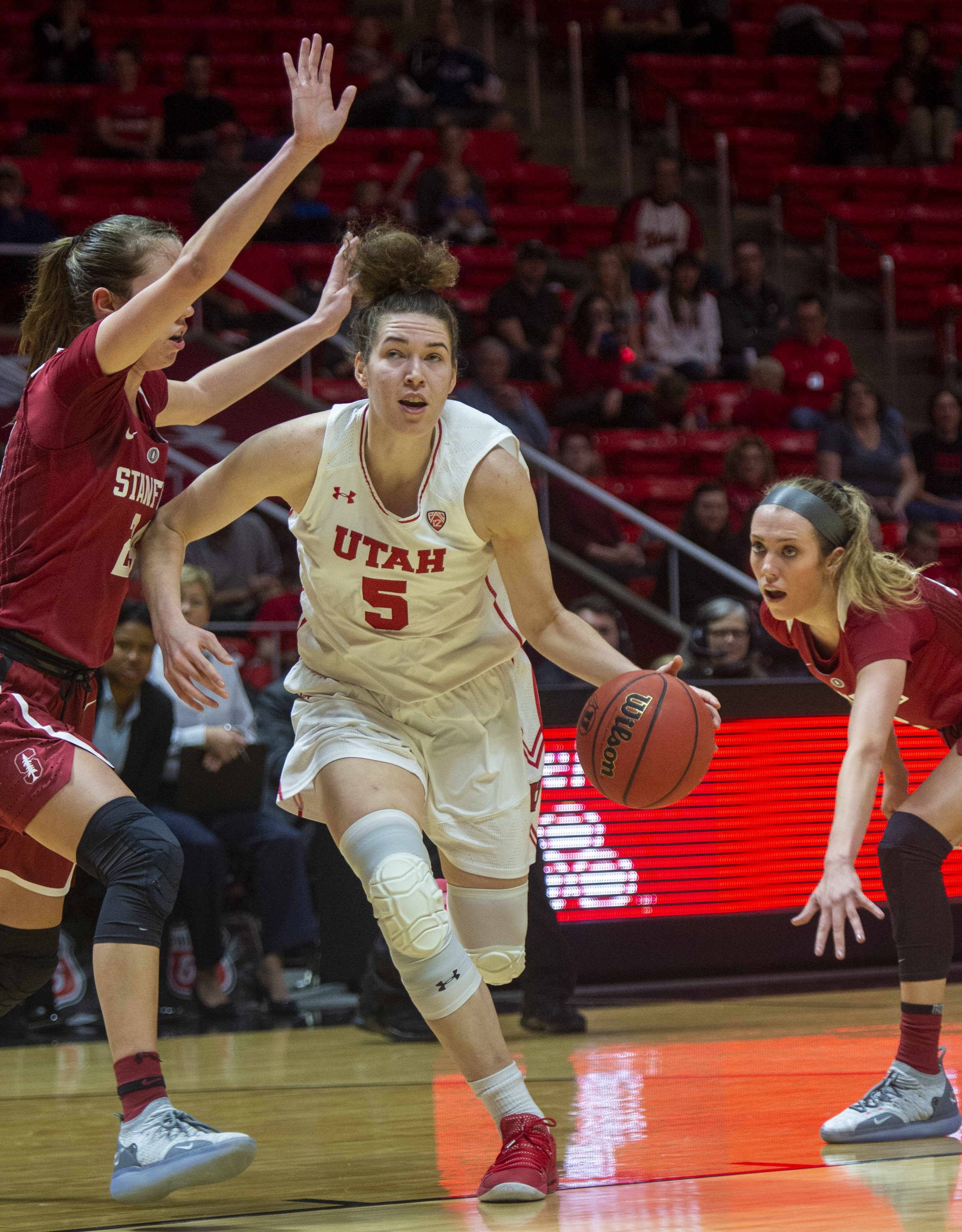 (Rick Egan | The Salt Lake Tribune) Stanford Cardinal forward Lacie Hull (24) guards Utah Utes forward Megan Huff (5), in PAC-12 action between the Utah Utes and the Stanford Cardinals at the Jon M. Huntsman Center. Sunday, Jan. 27, 2019. 