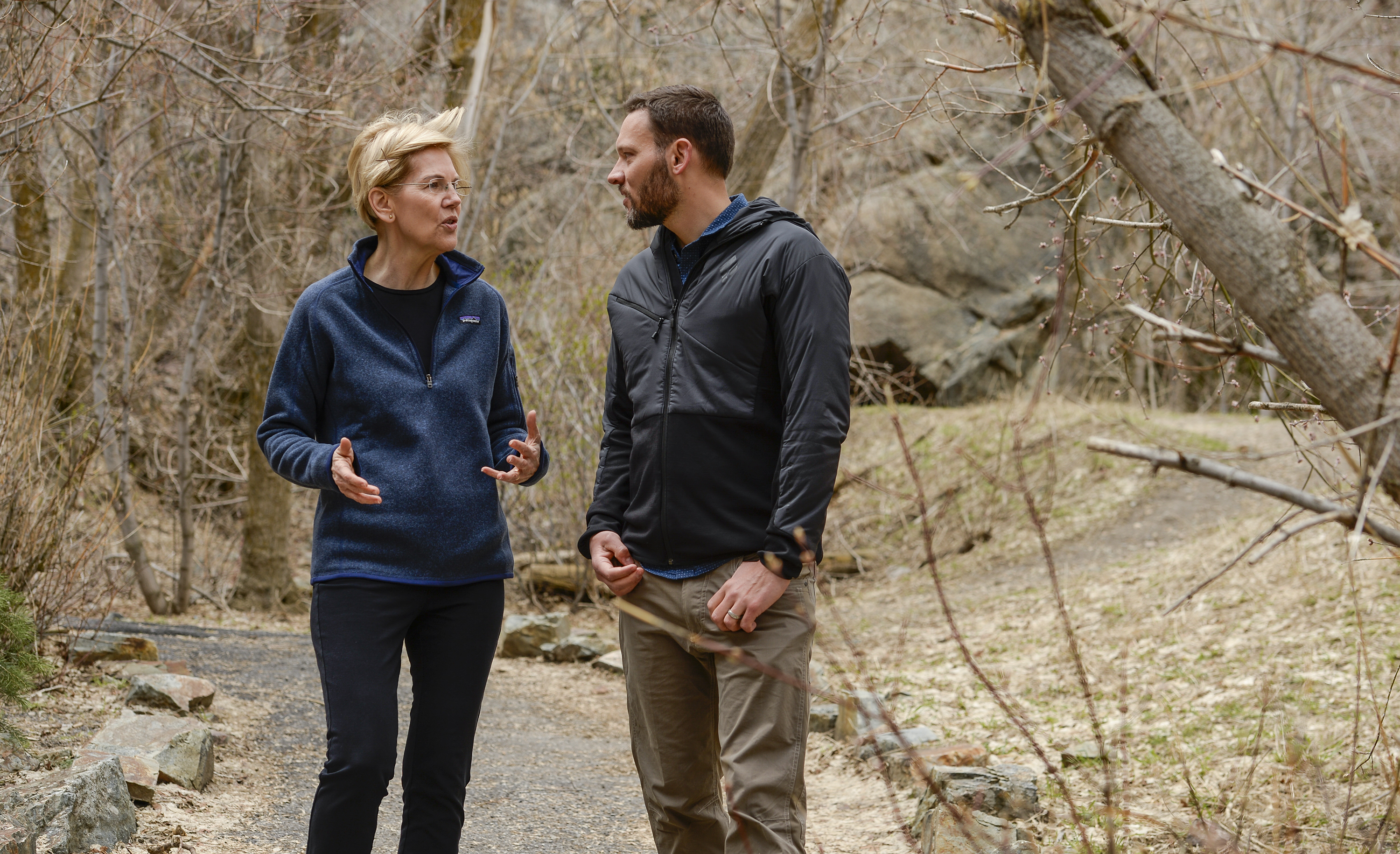 Leah Hogsten | The Salt Lake Tribune Massachusetts Sen. Elizabeth Warren takes a walking tour with Carl Fisher, executive director of UtahÕs Save Our Canyons organizationat Storm Mountain Picnic Area in Big Cottonwood Canyon, April 17, 2019 before speaking to Utah supporters Wednesday evening. Sen. Warren is a Democratic 2020 presidential candidate. 
