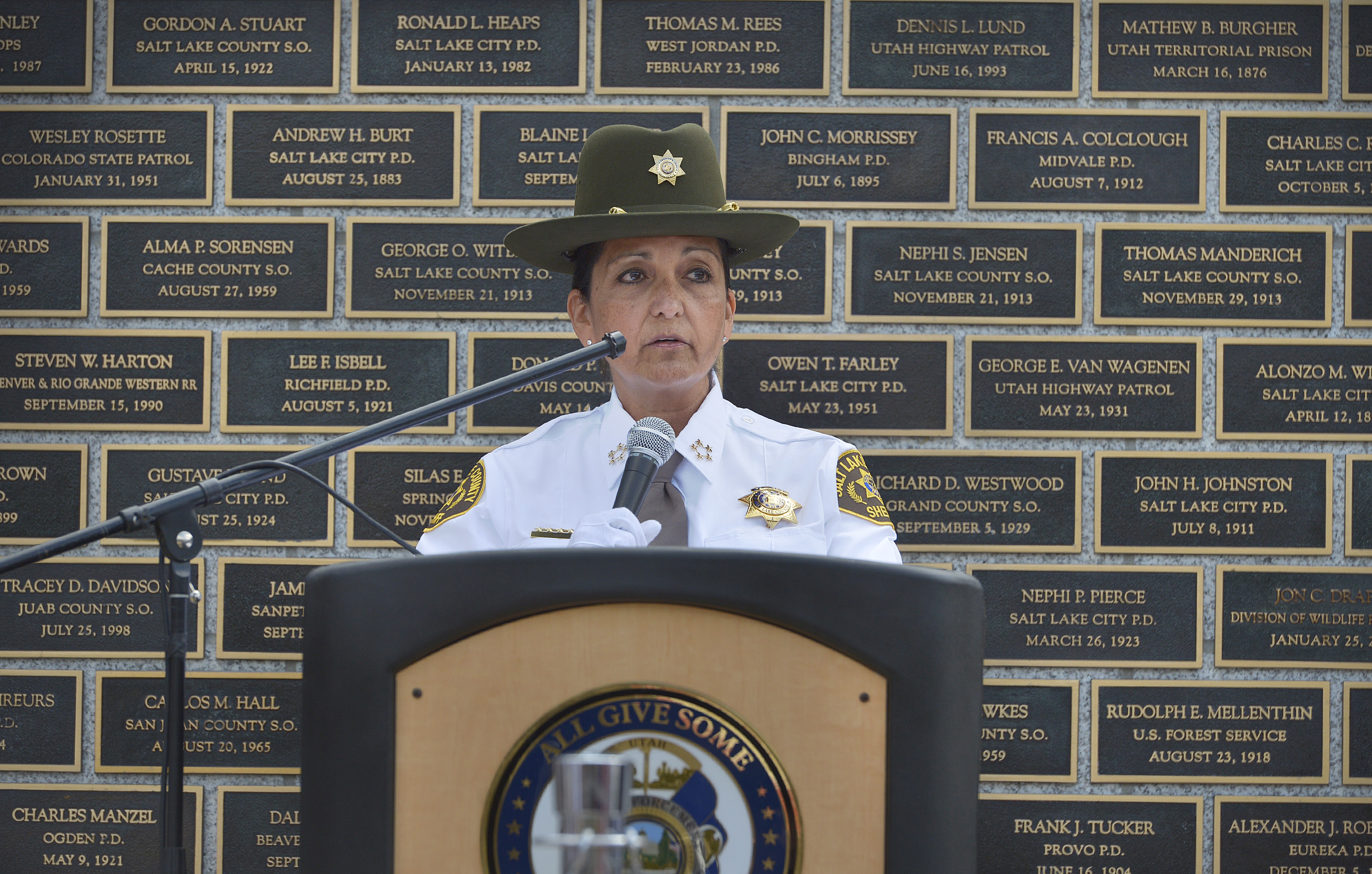 (Scott Sommerdorf | The Salt Lake Tribune) Salt Lake County Sheriff Rosie Rivera was the keynote speaker at the Utah Law Enforcement Memorial, Thursday, May 3, 2018. No Utah law enforcement officer died in the line of duty last year.