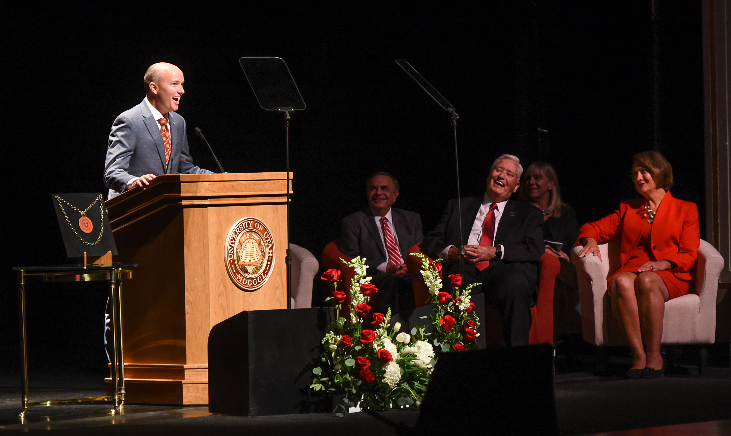 (Francisco Kjolseth | The Salt Lake Tribune) Lieutenant Governor Spencer Cox keeps it short as he praises Ruth Watkins during her inauguration as the University of Utah's 16th president, and first female, at Kingsbury Hall on Friday, Sept. 21, 2018.