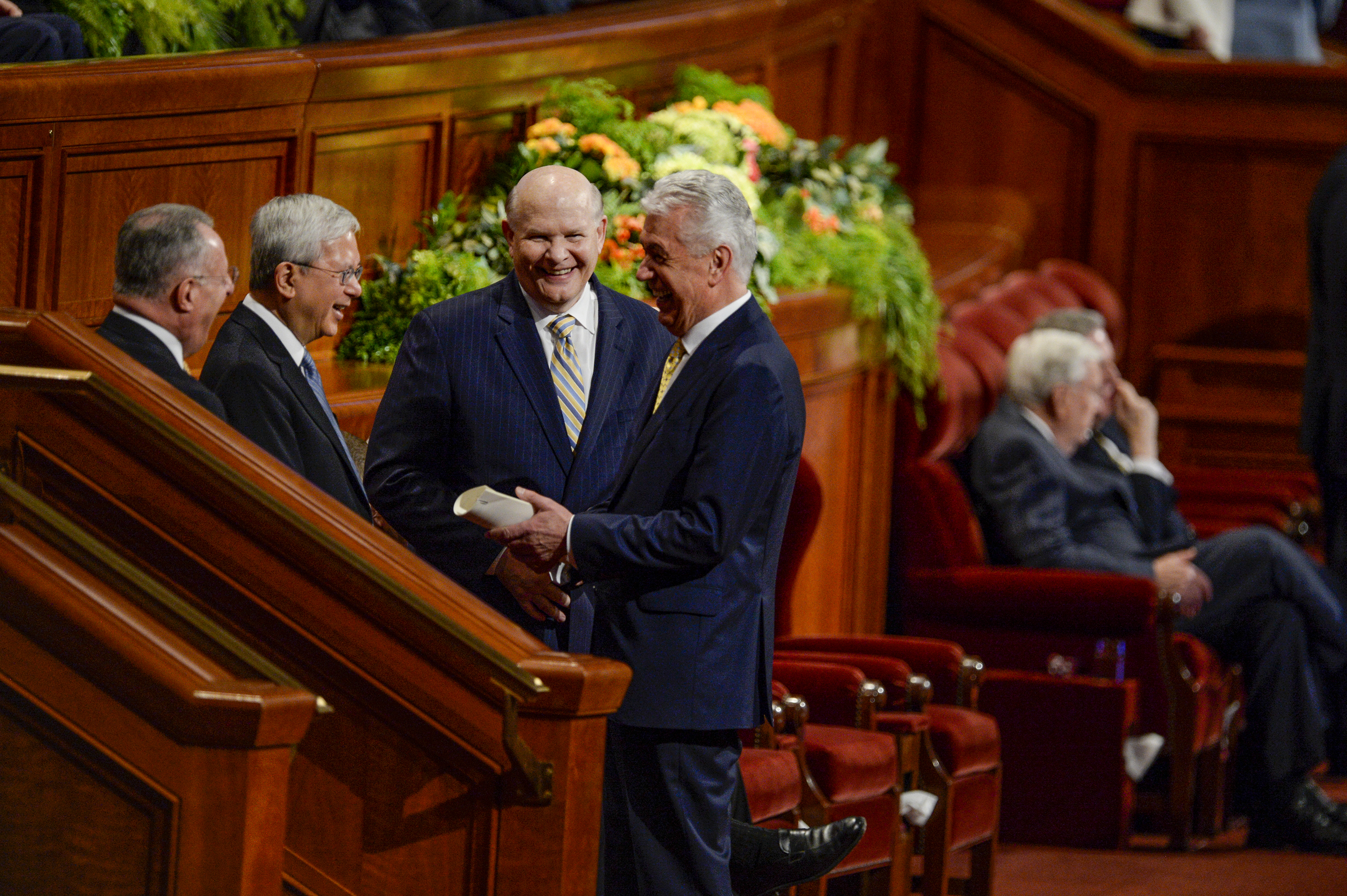 (Leah Hogsten | The Salt Lake Tribune) l-r Elders Ulisses Soares, Gerrit W. Gong, Dale G. Renlund and Dieter F. Uchtdorf greet one another during the morning session of the 189th Annual General Conference of The Church of Jesus Christ of Latter-day Saints in Salt Lake City.