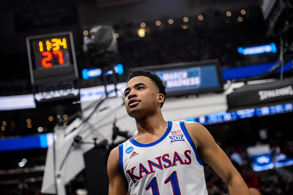 (Trent Nelson | The Salt Lake Tribune) Kansas Jayhawks guard Devon Dotson (11) as Kansas faces Northeastern in the 2019 NCAA Tournament in Salt Lake City on Thursday March 21, 2019.