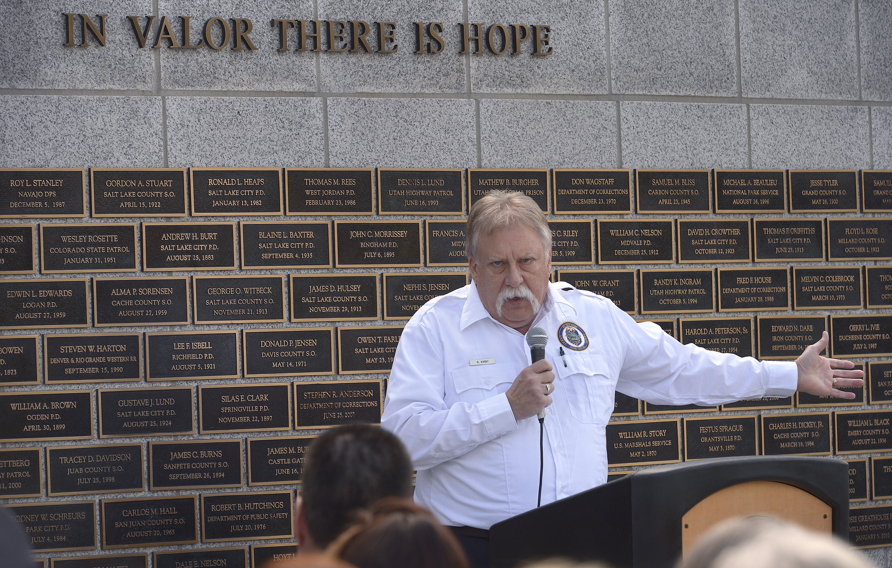 (Scott Sommerdorf | The Salt Lake Tribune) Salt Lake Tribune columnist Robert Kirby spoke at the Utah Law Enforcement Memorial, Thursday, May 3, 2018. No Utah law enforcement officer died in the line of duty last year.