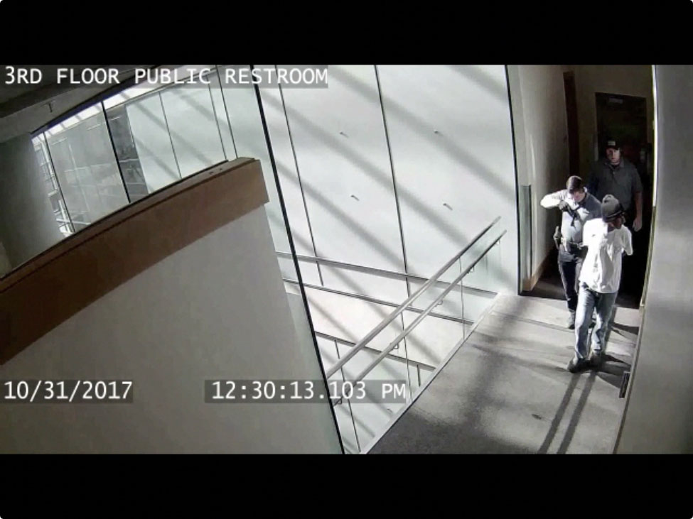 (Photo courtesy of Salt Lake Lake City Main Library) A video still of Austin Boutain's arrest at the downtown library in Salt Lake City. Boutain is the suspect in the Oct. 30, 2017, attempted carjacking and fatal shooting of a University of Utah student near Red Butte Canyon.