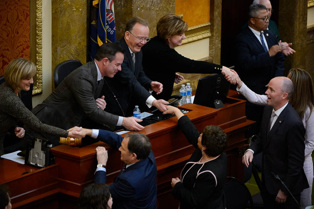 (Trent Nelson | The Salt Lake Tribune) Governor Gary Herbert shakes hands with lawmakers before delivering his State of the State address at the Utah Capitol in Salt Lake City on Wednesday Jan. 30, 2019.