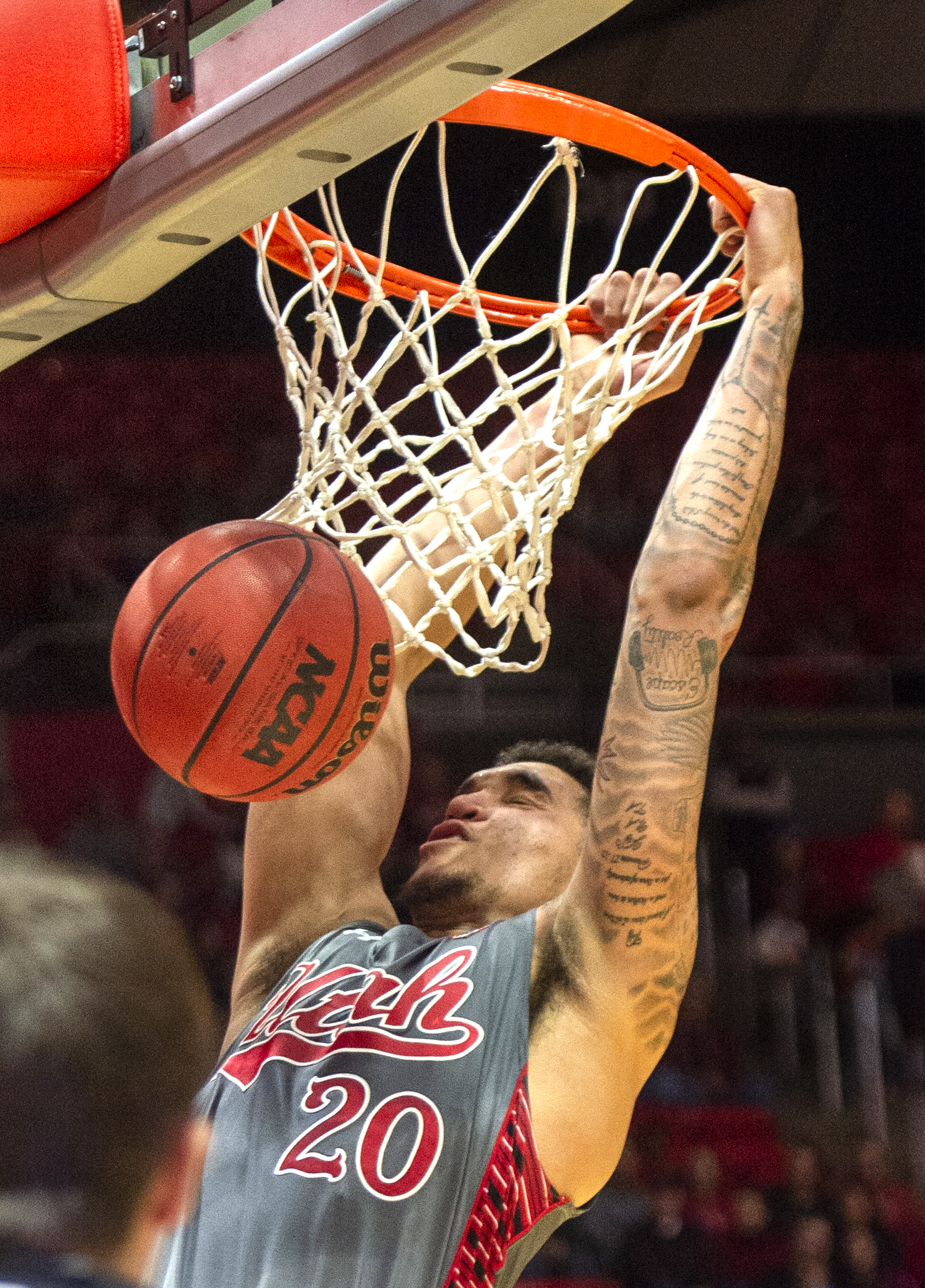 (Rick Egan | The Salt Lake Tribune) Utah Utes forward Timmy Allen (20) dunks the ball, in PAC-12 basketball action between the Utah Utes and the Colorado Buffaloes at the Jon M. Huntsman Center, Sunday, Jan. 20, 2019. 