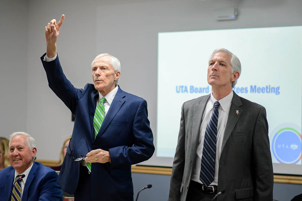 (Trent Nelson | The Salt Lake Tribune) Board Chair Greg Bell and Interim Executive Director Steve Meyer at the start of the final meeting of the current UTA Board in Salt Lake City on Thursday Oct. 25, 2018. After scandals, the Legislature restructured the agency. And the current 16-member, part-time board is about to be replaced by a new full-time, three-member commission by Nov. 1. At left is Jeff Agerson.