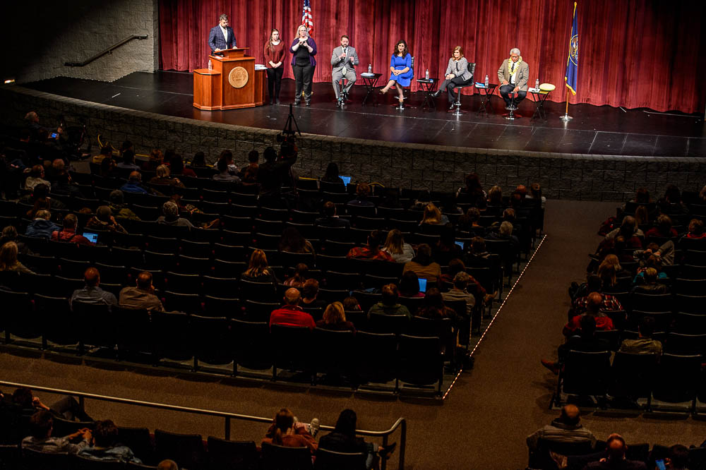 (Trent Nelson | The Salt Lake Tribune) The four candidates for Salt Lake County mayor face off in a debate at Jordan High School in Sandy on Thursday Jan. 24, 2019. From left, Arlyn Bradshaw, Shireen Ghorbani, Jenny Wilson, and Stone Fonua.
