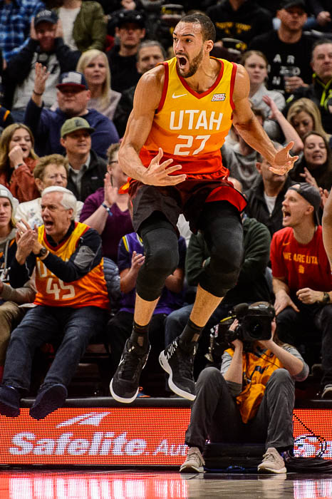 (Trent Nelson | The Salt Lake Tribune) Utah Jazz center Rudy Gobert (27) looks for a call as the Utah Jazz host the San Antonio Spurs, NBA basketball in Salt Lake City on Saturday Feb. 9, 2019.