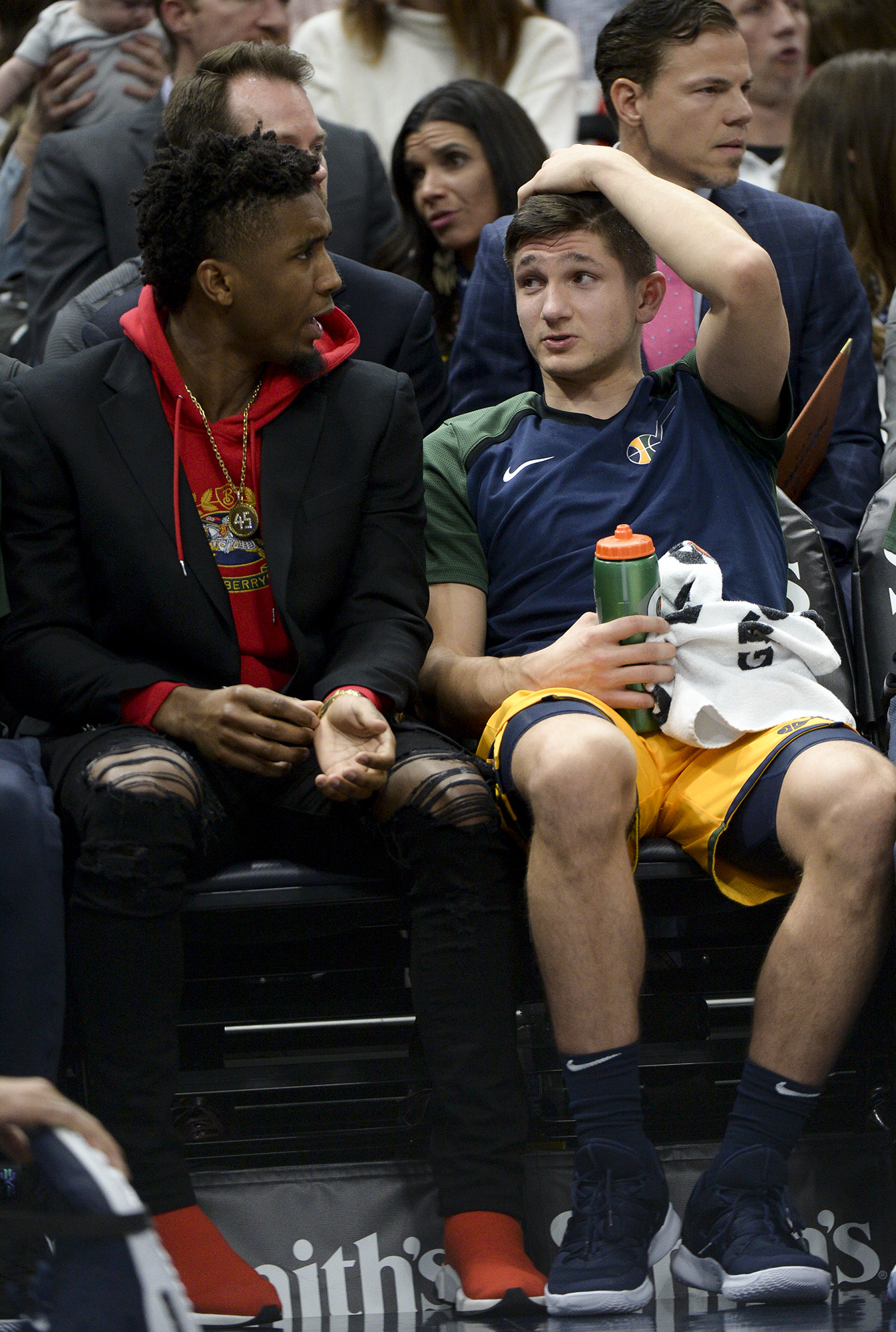 Leah Hogsten | The Salt Lake Tribune Utah Jazz guard Donovan Mitchell (45) watches the game from the sidelines as the Utah Jazz host the Toronto Raptors, Monday, Nov. 5, 2018 at Vivant Smart Home Arena.