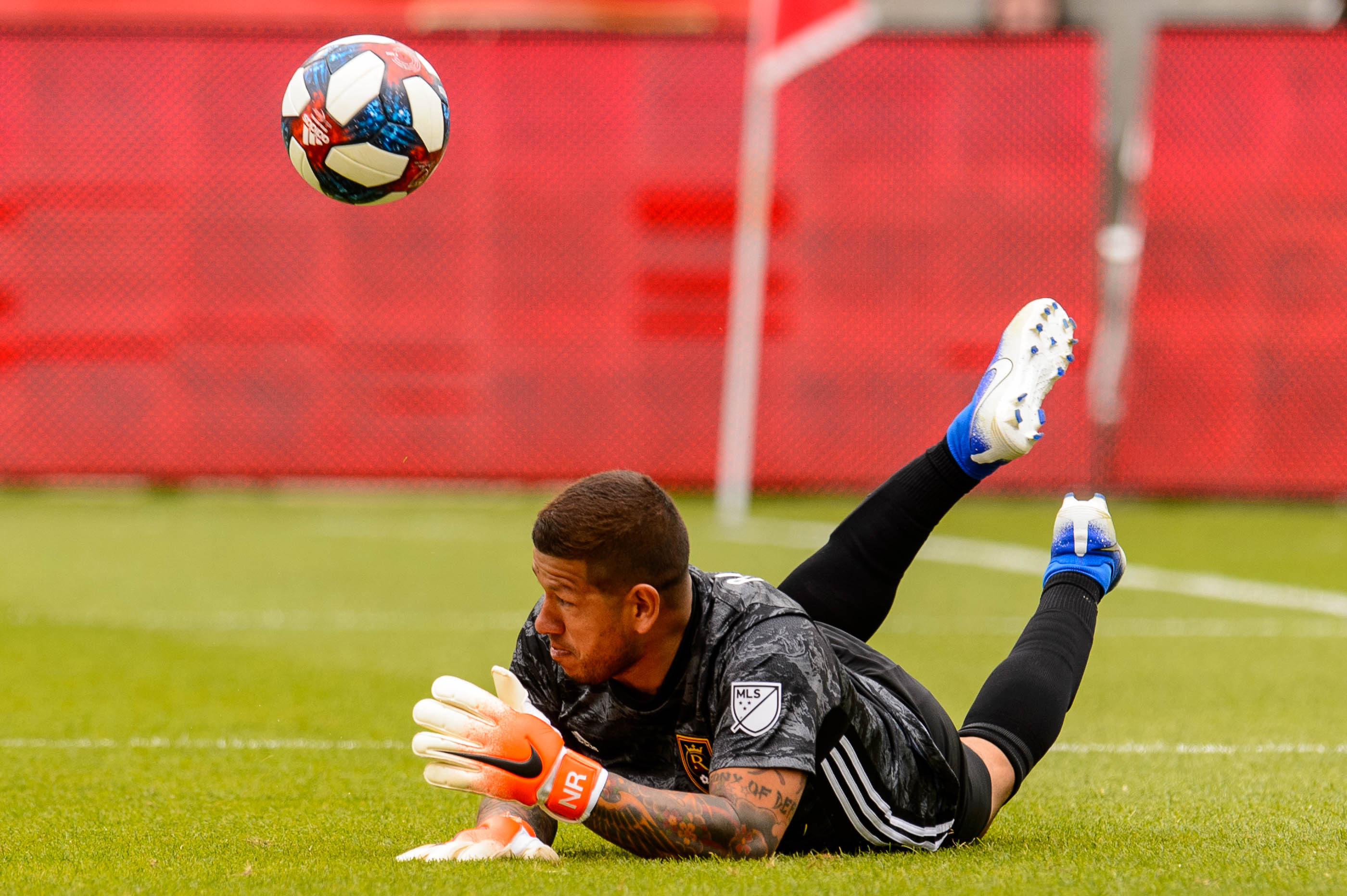 (Trent Nelson | The Salt Lake Tribune) Real Salt Lake goalkeeper Nick Rimando (18) makes a save as Real Salt Lake hosts Toronto FC, MLS Soccer at Rio Tinto Stadium in Sandy on Saturday May 18, 2019.
