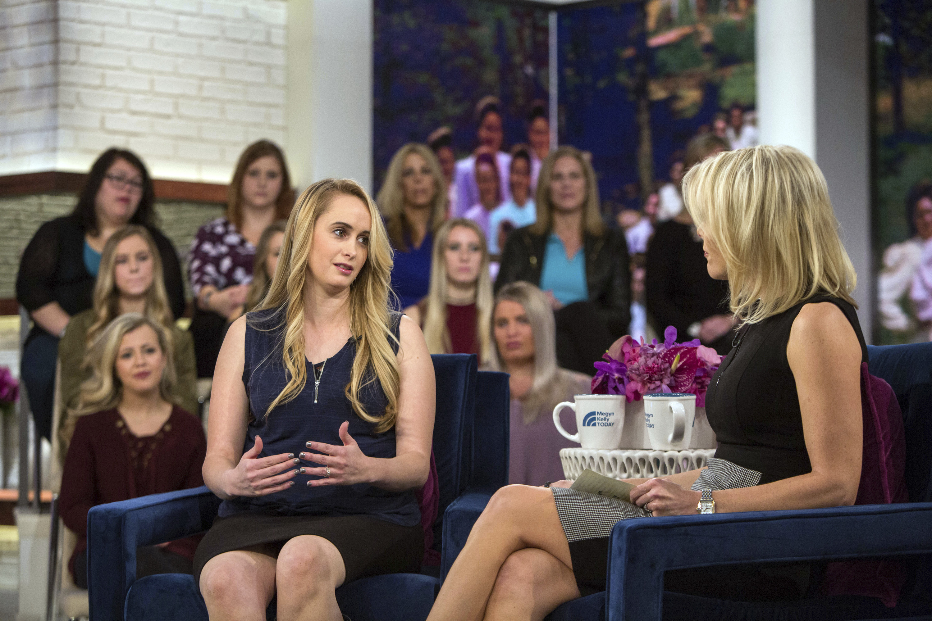 In this photo provided by NBC News' Megyn Kelly TODAY, Rachel Jeffs, left, daughter of Utah polygamist Warren Jeffs, talks with Megyn Kelly, right, during an interview on NBC News' Megyn Kelly TODAY in New York, Friday, Nov. 10, 2017. Jeffs said in the interview that her father sexually abused her for years when she was a child growing up in the secretive group. (NBC News' Megyn Kelly Today via AP)