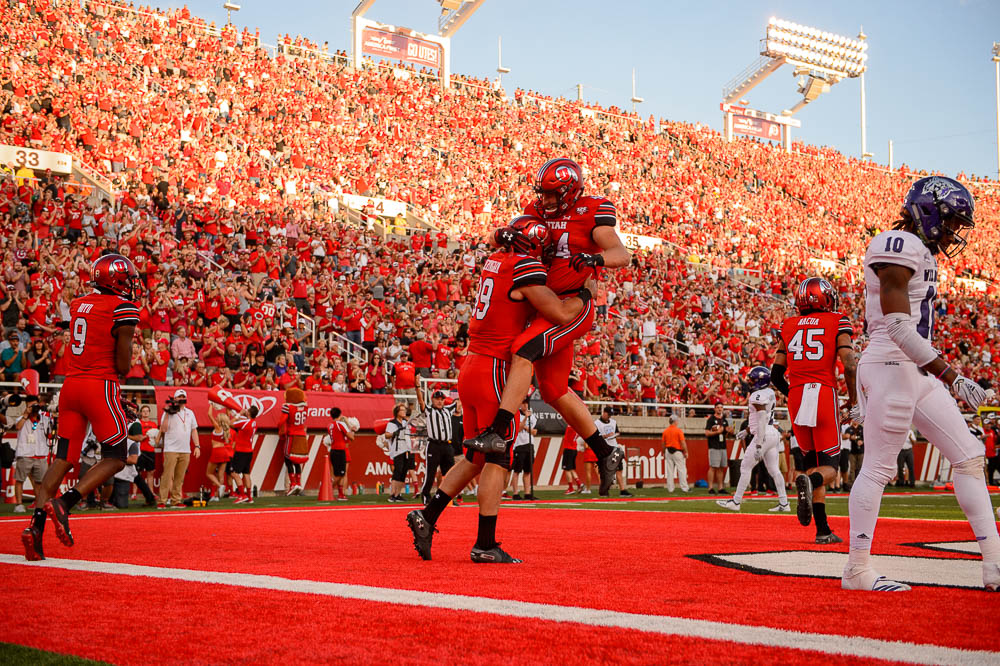 (Trent Nelson | The Salt Lake Tribune) Utah Utes tight end Jake Jackson (44) and Utah Utes tight end Cole Fotheringham (89) celebrate a first half touchdown as the University of Utah Utes host the Weber State Wildcats, Thursday Aug. 30, 2018 at Rice-Eccles Stadium in Salt Lake City.