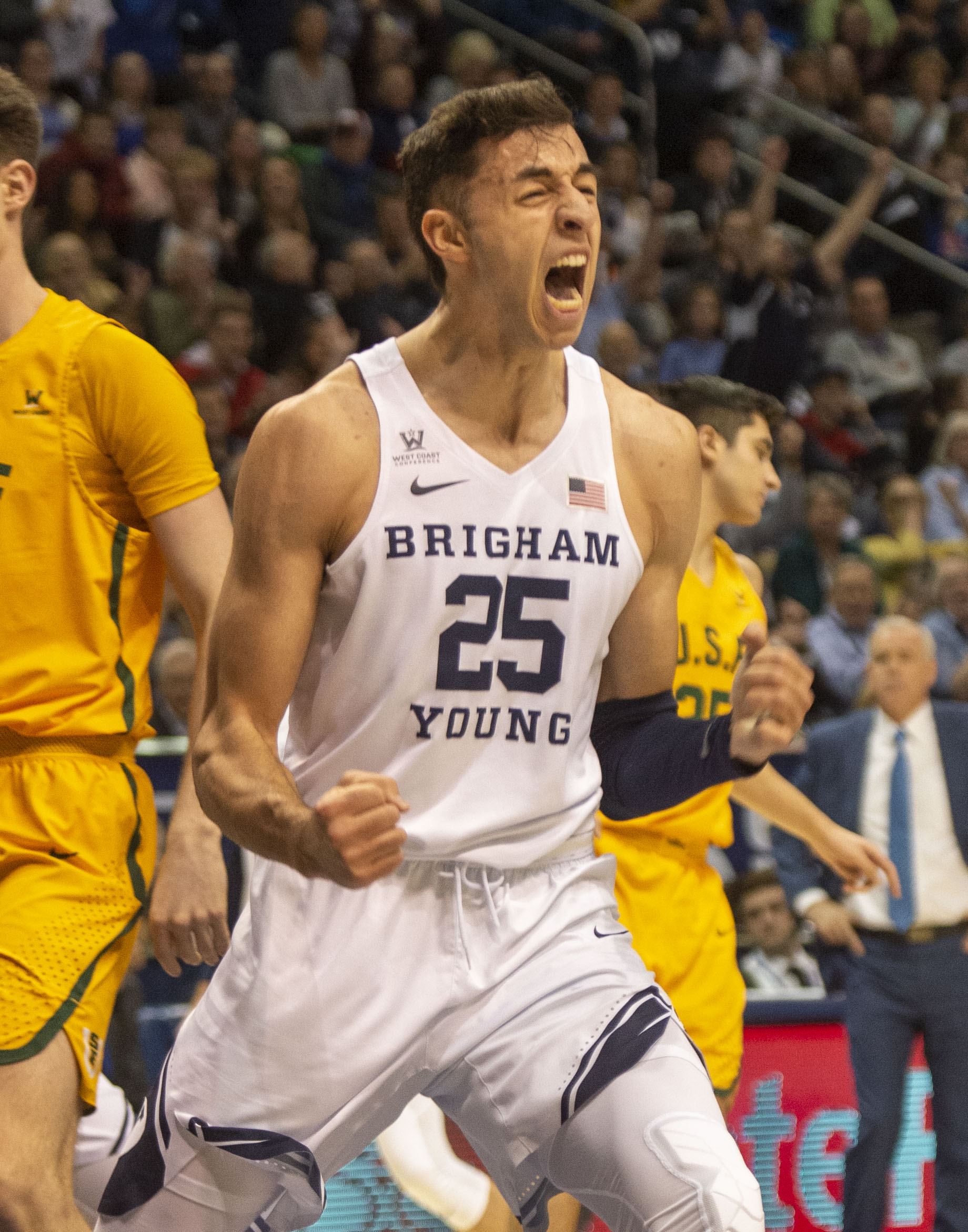 (Rick Egan | The Salt Lake Tribune) Brigham Young Cougars forward Gavin Baxter (25) reacts as the Brigham Young Cougars extend their lead early in the second half, in WCC basketball action between Brigham Young Cougars and San Francisco Dons, at the Marriott Center, Thursday, February 21, 2018. 
