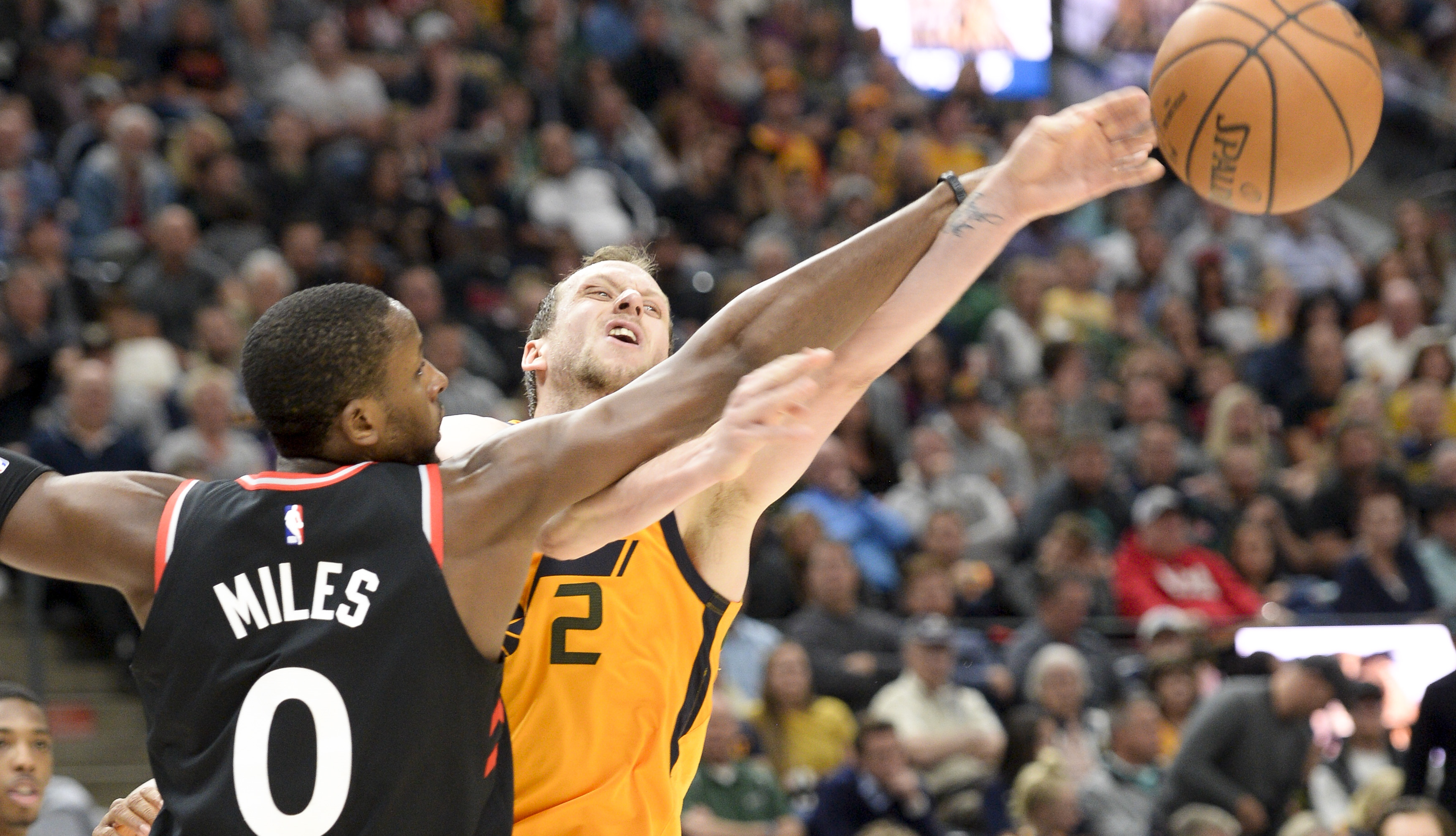 Leah Hogsten | The Salt Lake Tribune Utah Jazz forward Joe Ingles (2) battles Toronto Raptors forward CJ Miles (0) for the rebound as the Utah Jazz host the Toronto Raptors, Monday, Nov. 5, 2018 at Vivant Smart Home Arena.