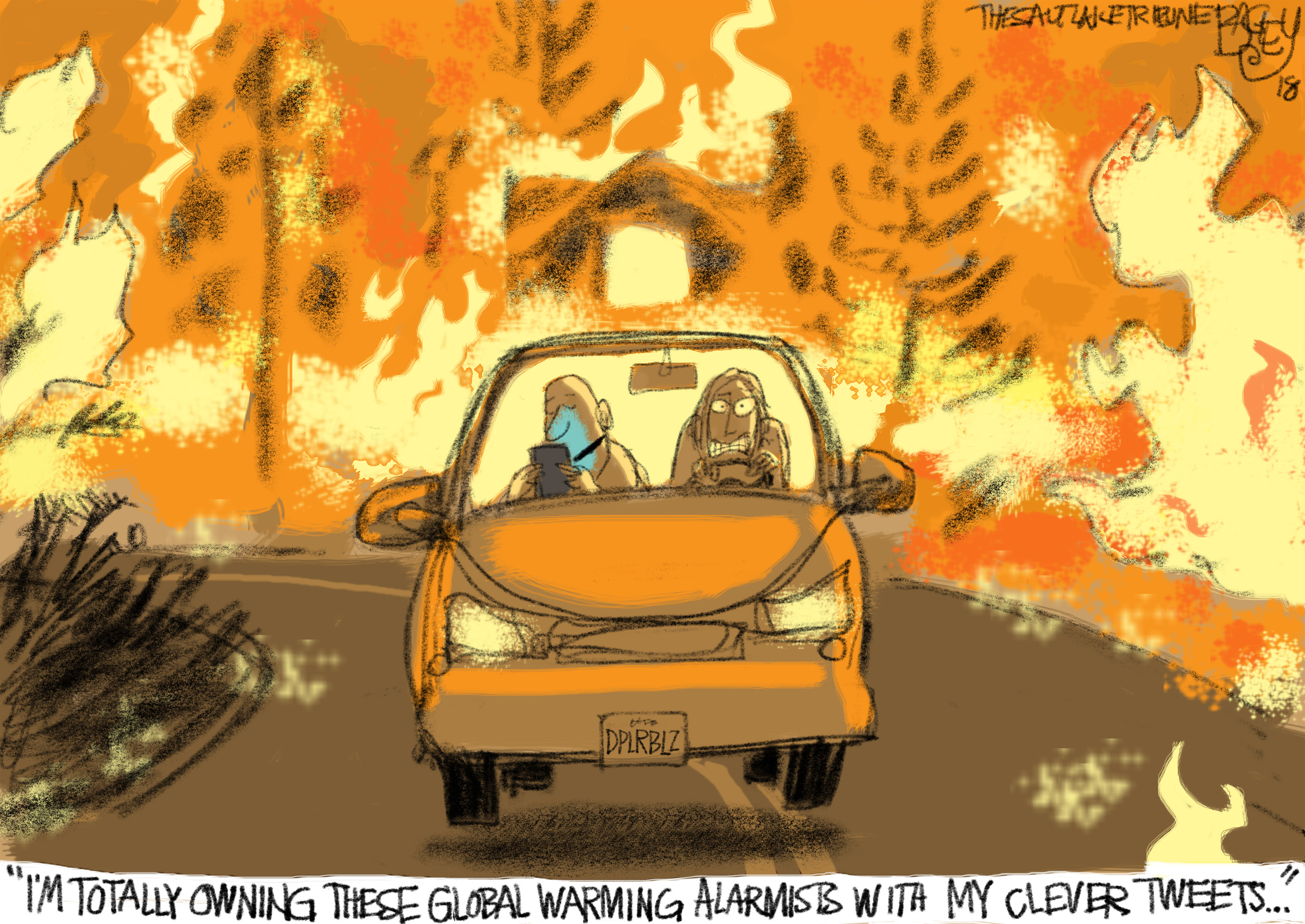 (Pat Bagley | The Salt Lake Tribune) This Pat Bagley cartoon titled "Climate Denial Hot Take" appears in The Salt Lake Tribune on Sunday, Nov. 11, 2018.
