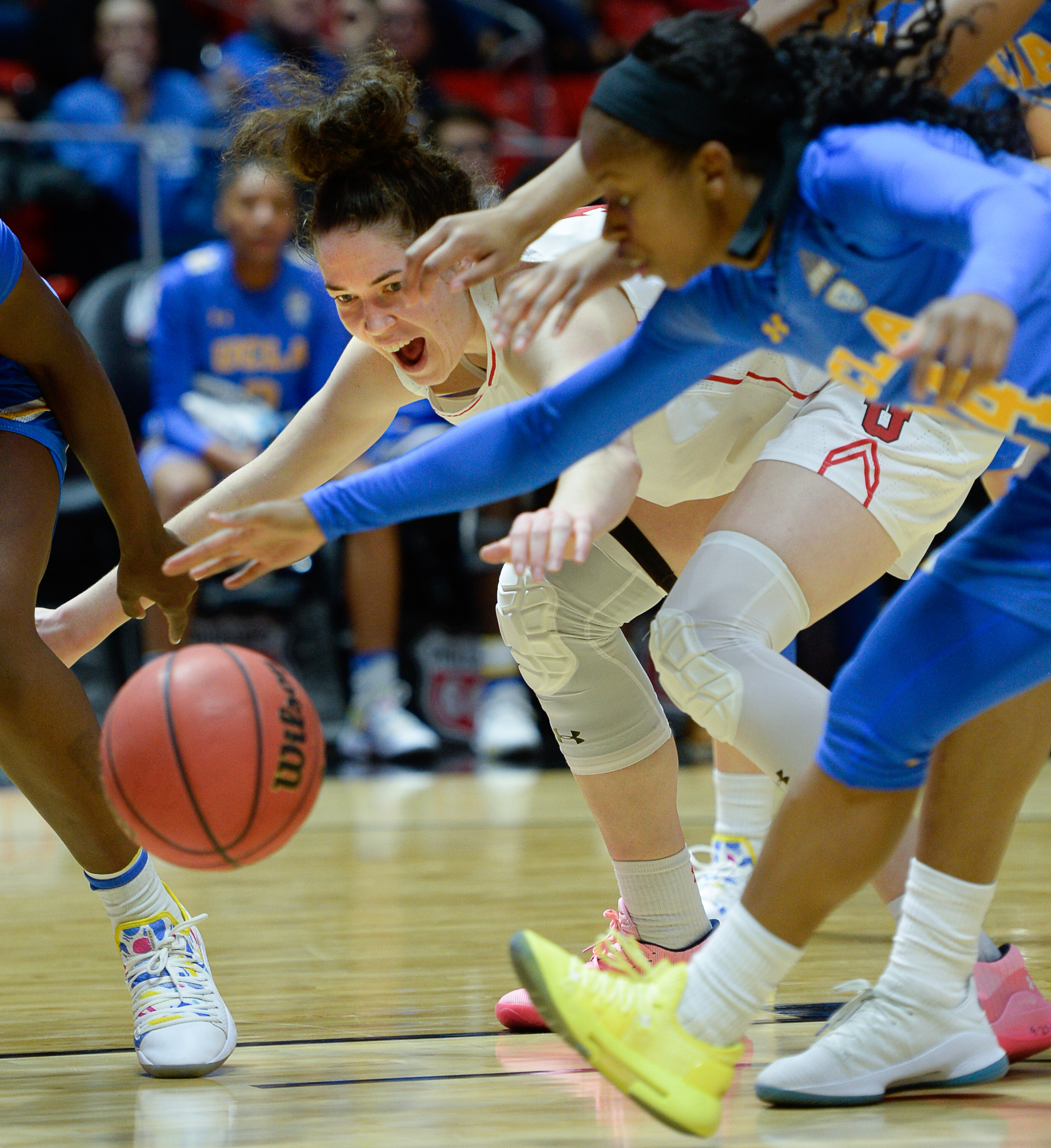 (Francisco Kjolseth | The Salt Lake Tribune) Utah Utes forward Megan Huff (5) battles UCLA for a loose ball at the Jon M. Huntsman Center in Salt Lake City on Sunday, Feb. 10, 2019.