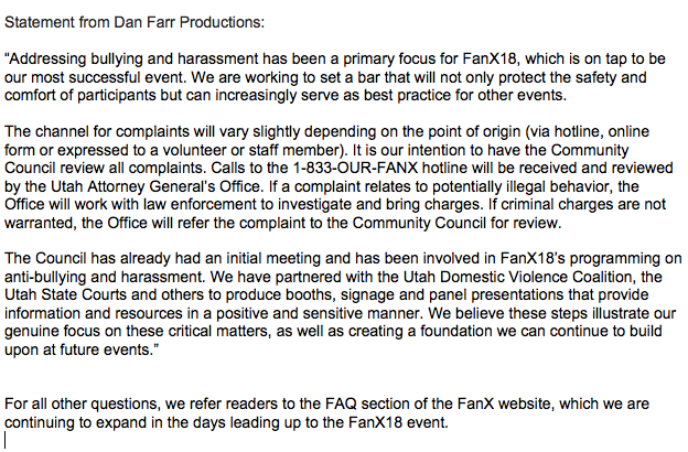 (courtesy Dan Farr Productions) A statement from Dan Farr Productions, the company that operates FanX Salt Lake Comic Convention, in response to questions about the event's anti-harassment policies.