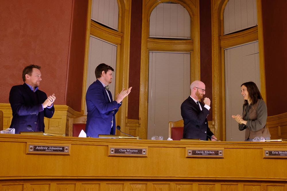 (Trent Nelson | The Salt Lake Tribune) The city council recognizes outgoing City Council Member Derek Kitchen for his service to Salt Lake City District 4 and as 2018 Redevelopment Agency (RDA) Chair during the council meeting in Salt Lake City on Tuesday Nov. 27, 2018. Left to right are Andrew Johnston, Chris Wharton, Kitchen, and Erin Mendenhall.