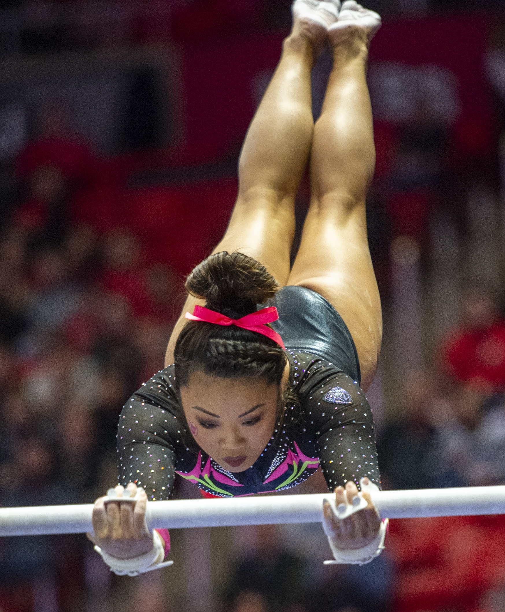(Rick Egan | The Salt Lake Tribune) Kari Lee competes on the uneven bars, in PAC-12 Gymnastics action between the Utes and The California Golden Bears, in the Jon M. Huntsman Center, in Salt Lake City, Saturday, Feb. 9, 2019. 
