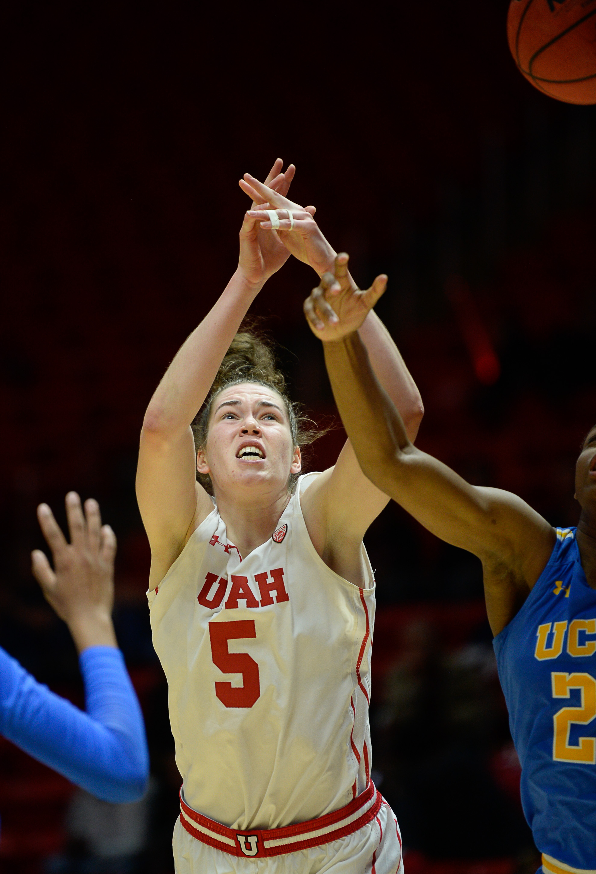 (Francisco Kjolseth | The Salt Lake Tribune) Utah Utes forward Megan Huff (5) loses control of the ball as she's pressured by UCLA at the Jon M. Huntsman Center in Salt Lake City on Sunday, Feb. 10, 2019.