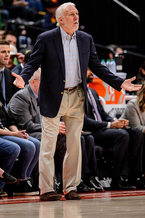 (Trent Nelson | The Salt Lake Tribune) San Antonio Spurs head coach Gregg Popovich as the Utah Jazz host the San Antonio Spurs, NBA basketball in Salt Lake City on Saturday Feb. 9, 2019.