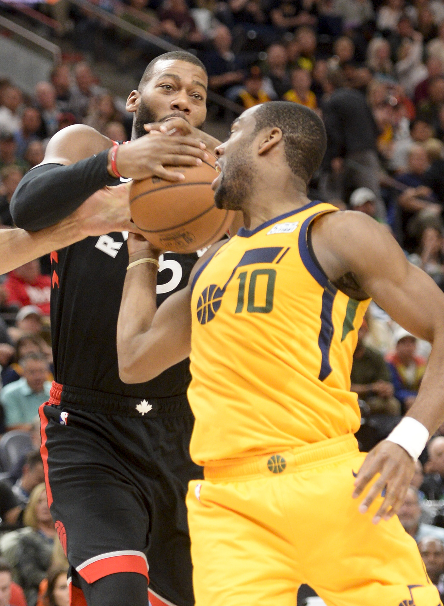 Leah Hogsten | The Salt Lake Tribune Utah Jazz guard Alec Burks (10) looses the rebound to Toronto Raptors center Greg Monroe (15) in the second half as the Utah Jazz lose to the Toronto Raptors, 111-124, Monday, Nov. 5, 2018 at Vivant Smart Home Arena.